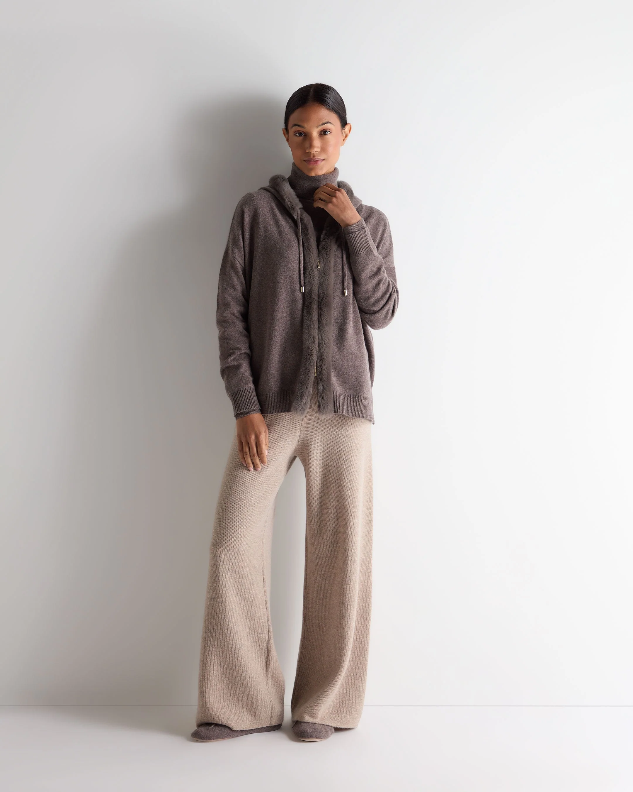 Women's Alicia Fur Trim Cashmere Hoodie Otter Brown