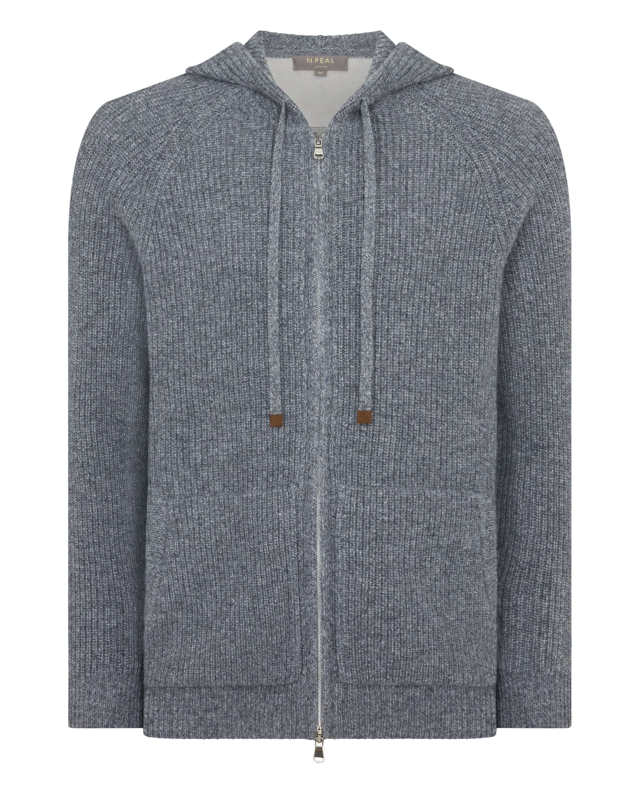Men's Ribbed Zip Through Cashmere Hoodie Grey Melange