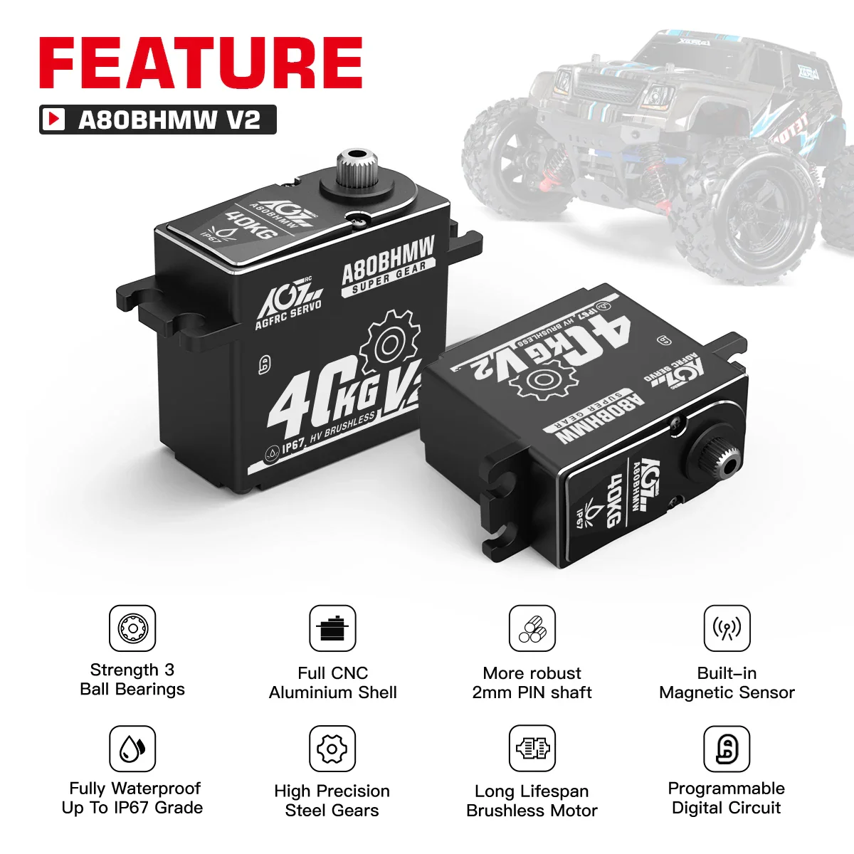 AGFRC A80BHMW V2 - Steel Gears 40KG Programmable Waterproof BLS RC Steering Servo For 1/10 Scale Car Crawler Buggy Truck Off-Road