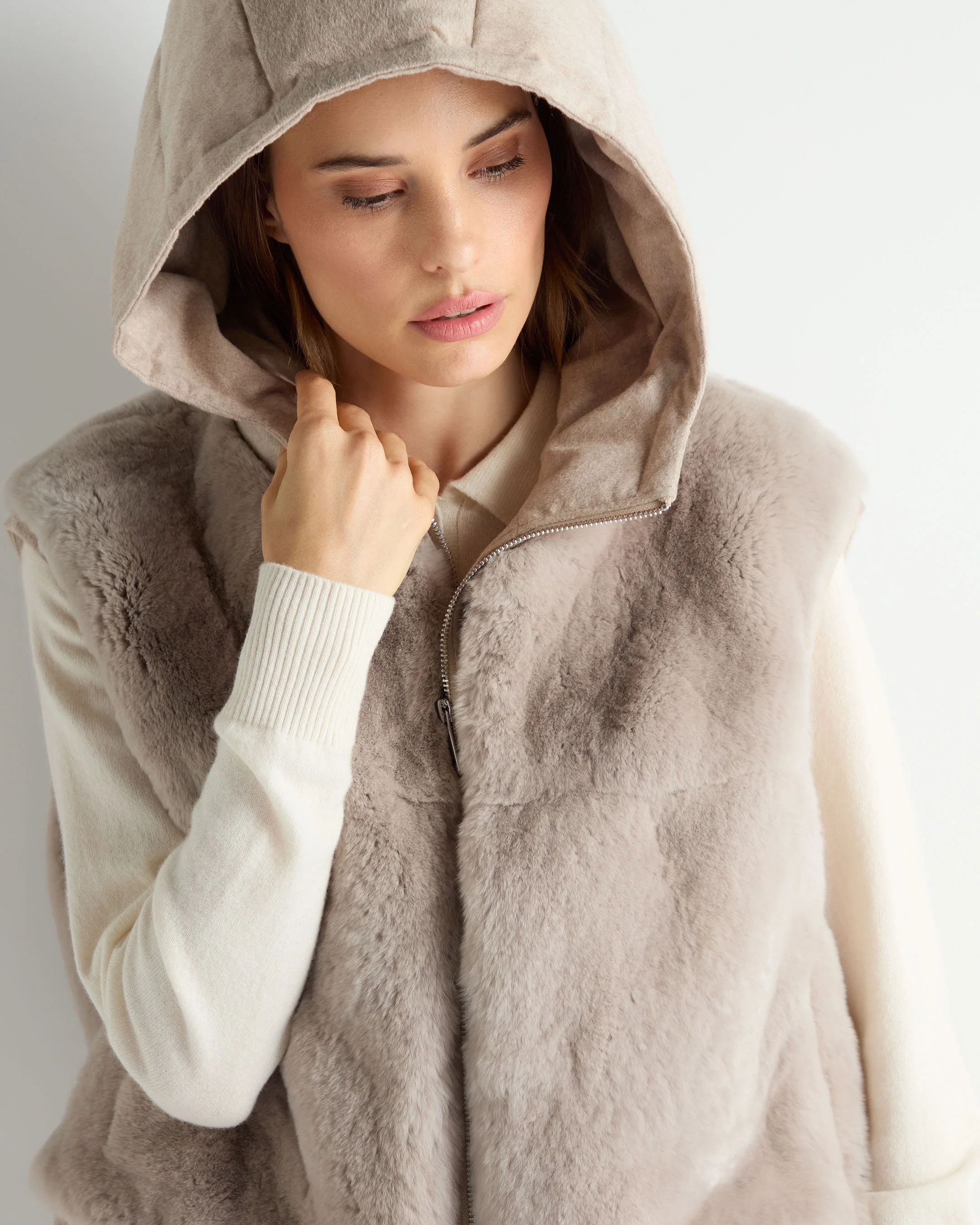 Women's Rex Fur Hooded Gilet Beige Brown