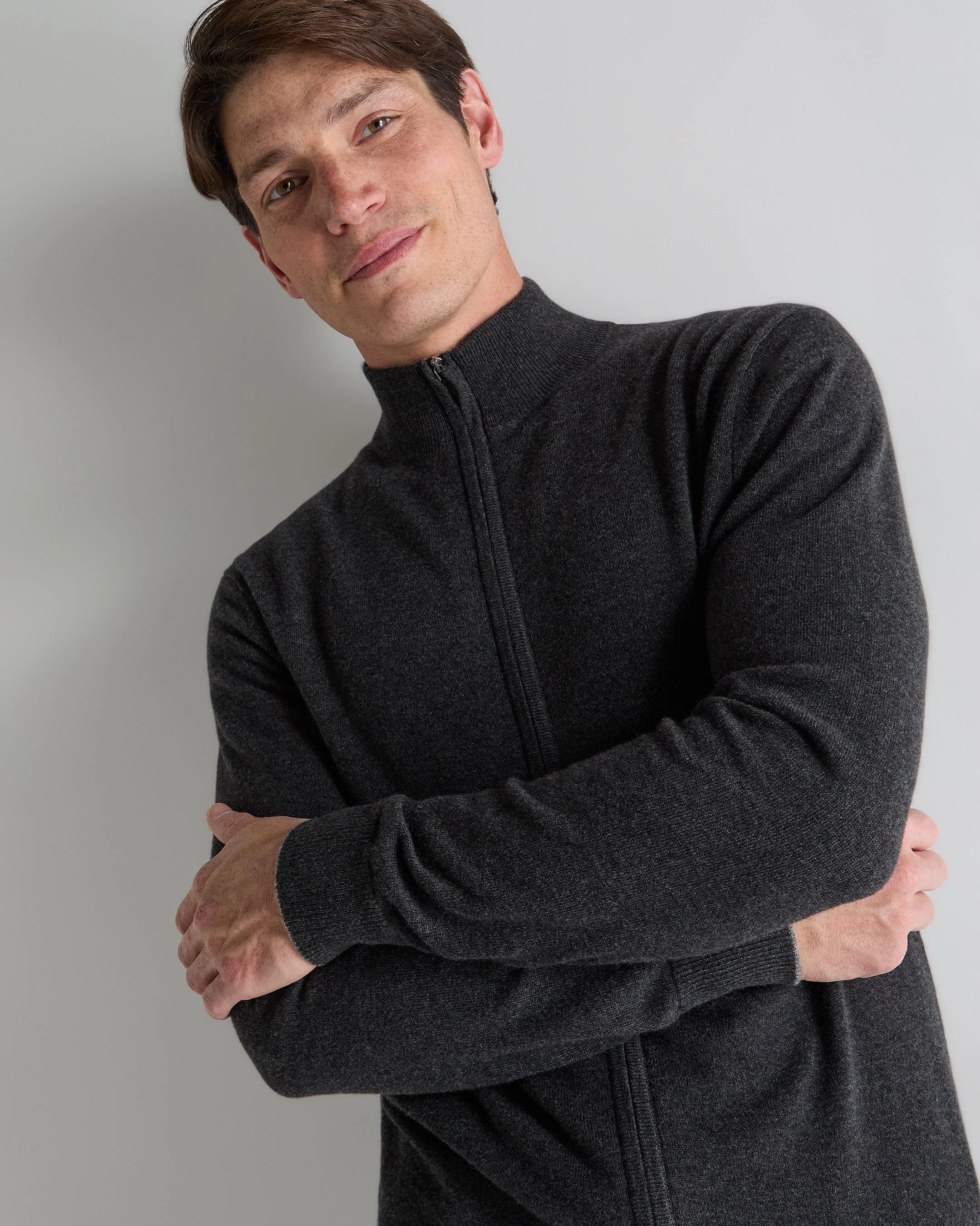 Men's Knightsbridge Full Zip Cashmere Jumper Deep Charcoal Grey