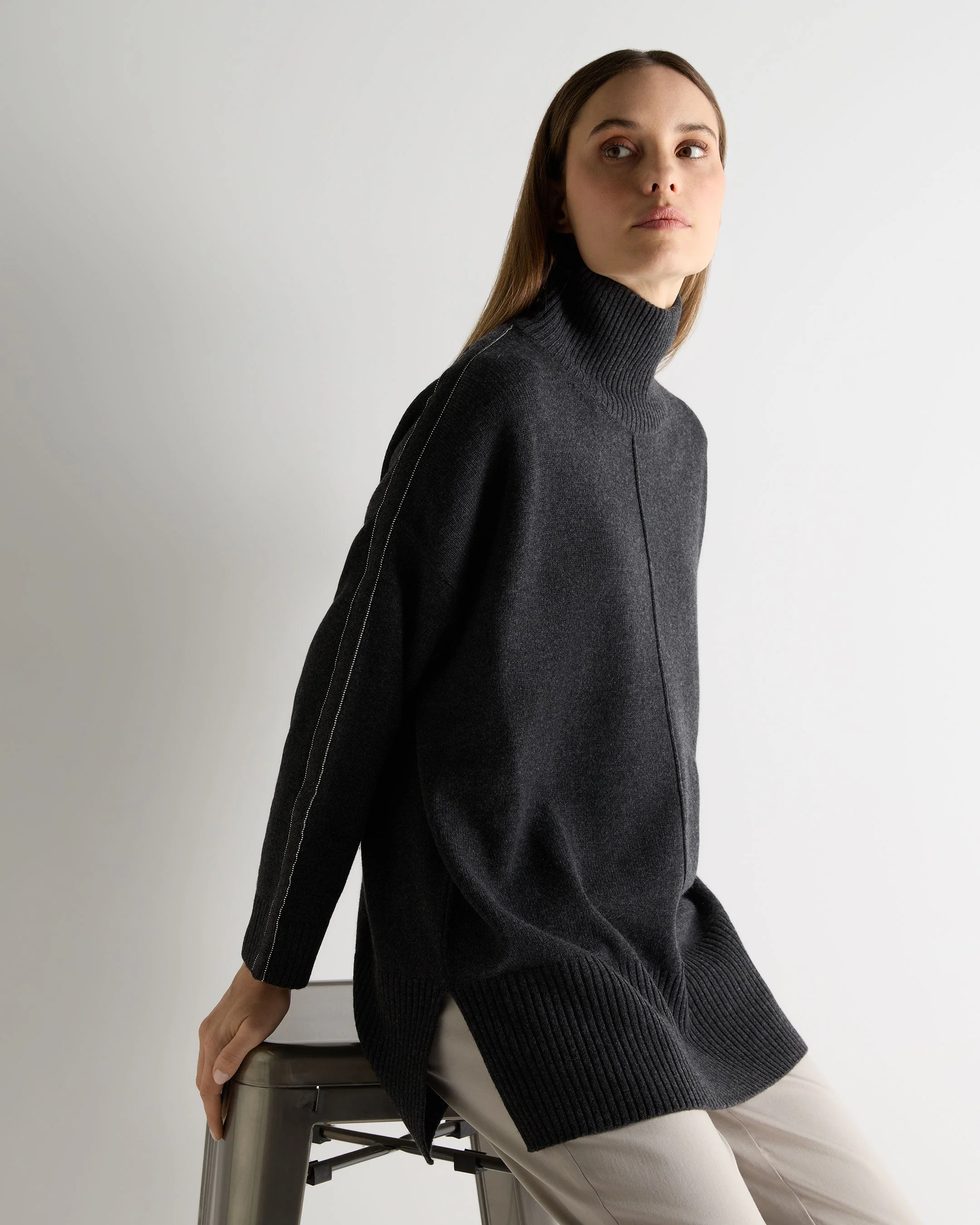 Women's Mock Neck Long Cashmere Sweater Deep Charcoal Grey
