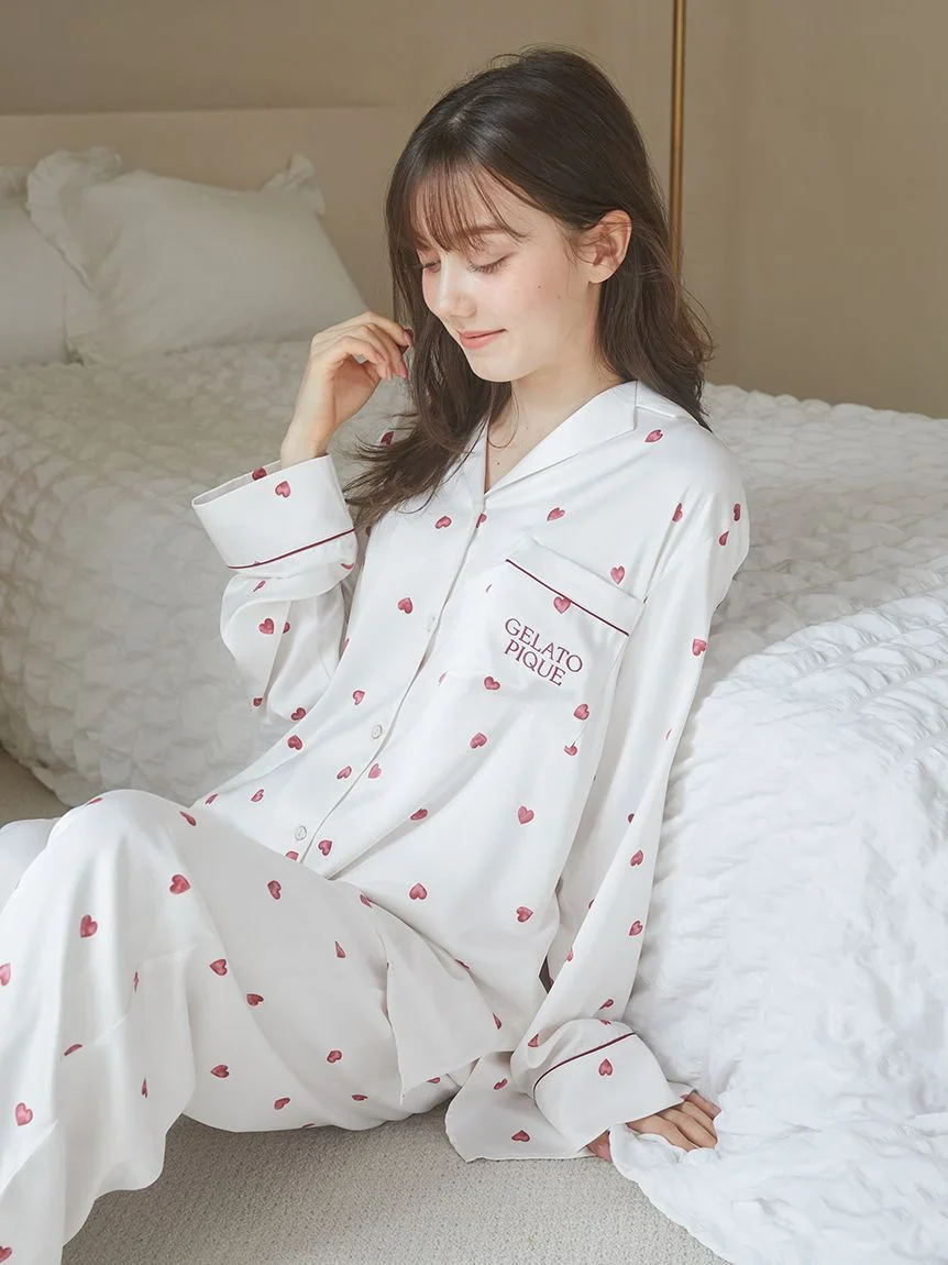 Heart Pattern Satin Pajama Shirt