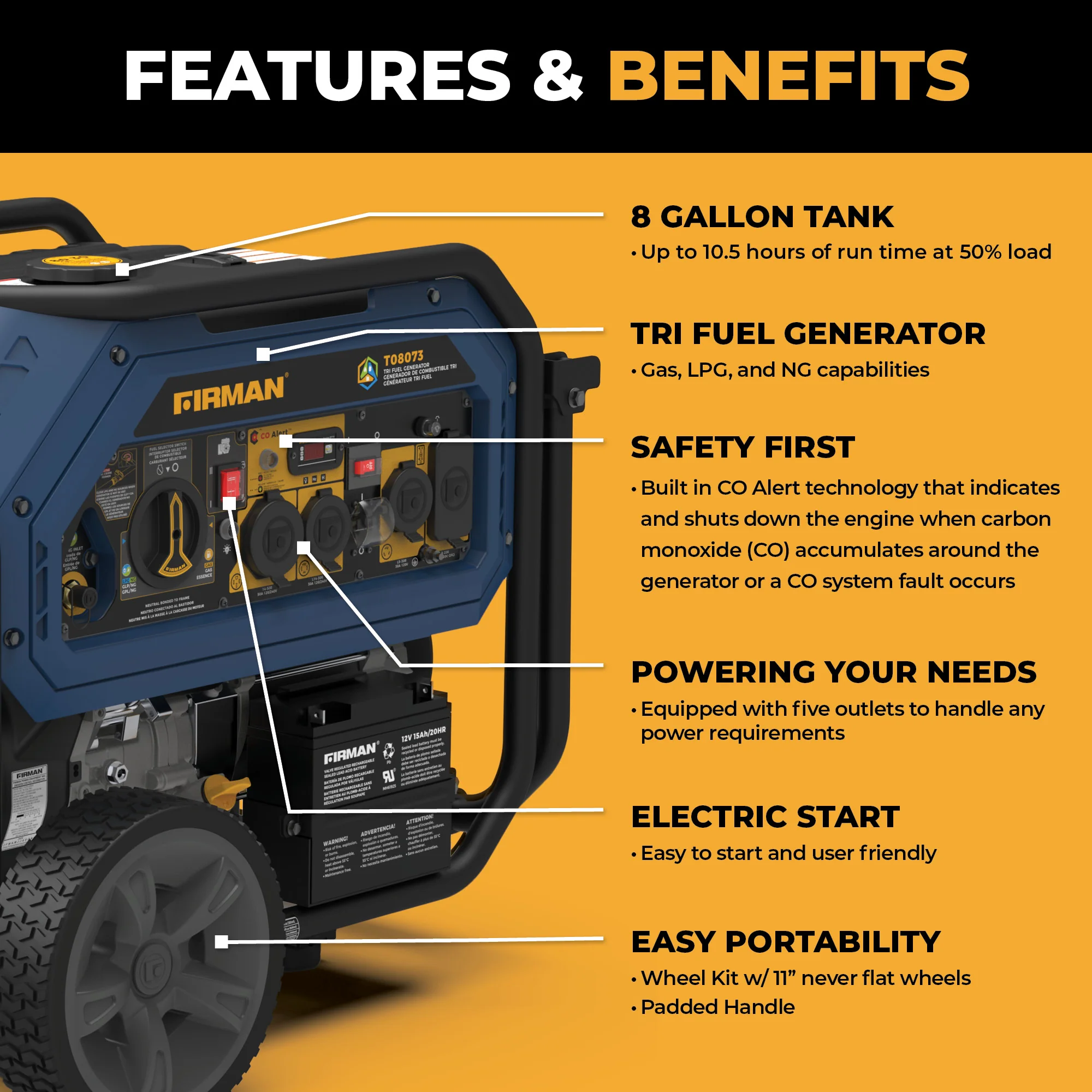 Tri Fuel  Portable Generator 10000/8000W Electric Start With CO Alert