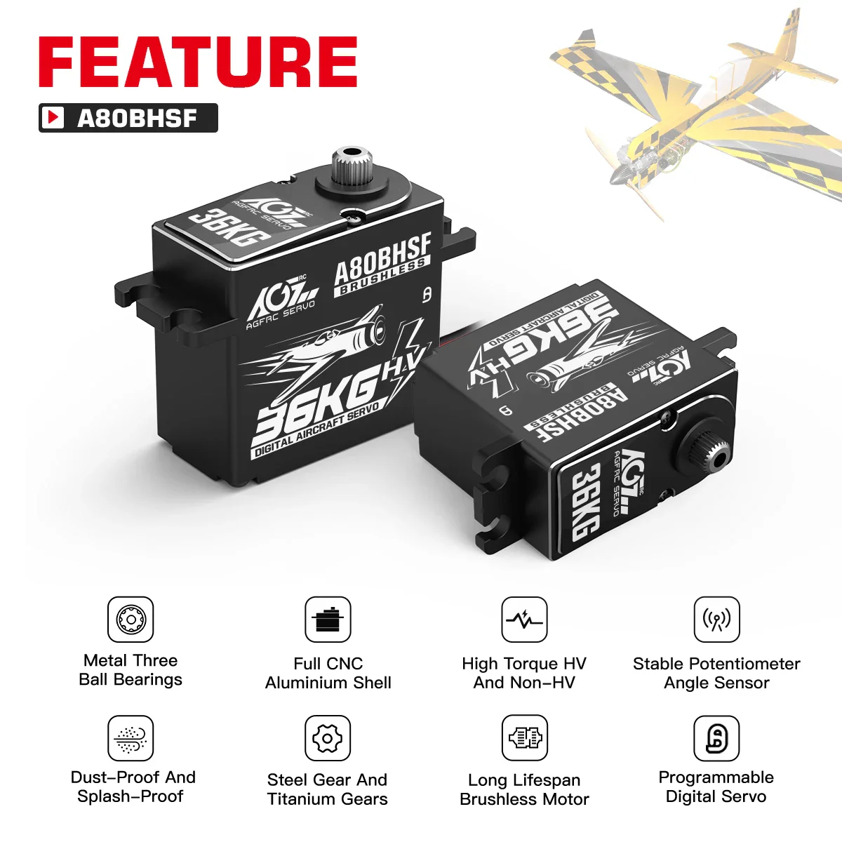 AGFRC Servo A80BHSF - 36KG HV Fast Speed High Torque Brushless Standard Programmable Aircraft Servo for 30-200CC RC Airplane