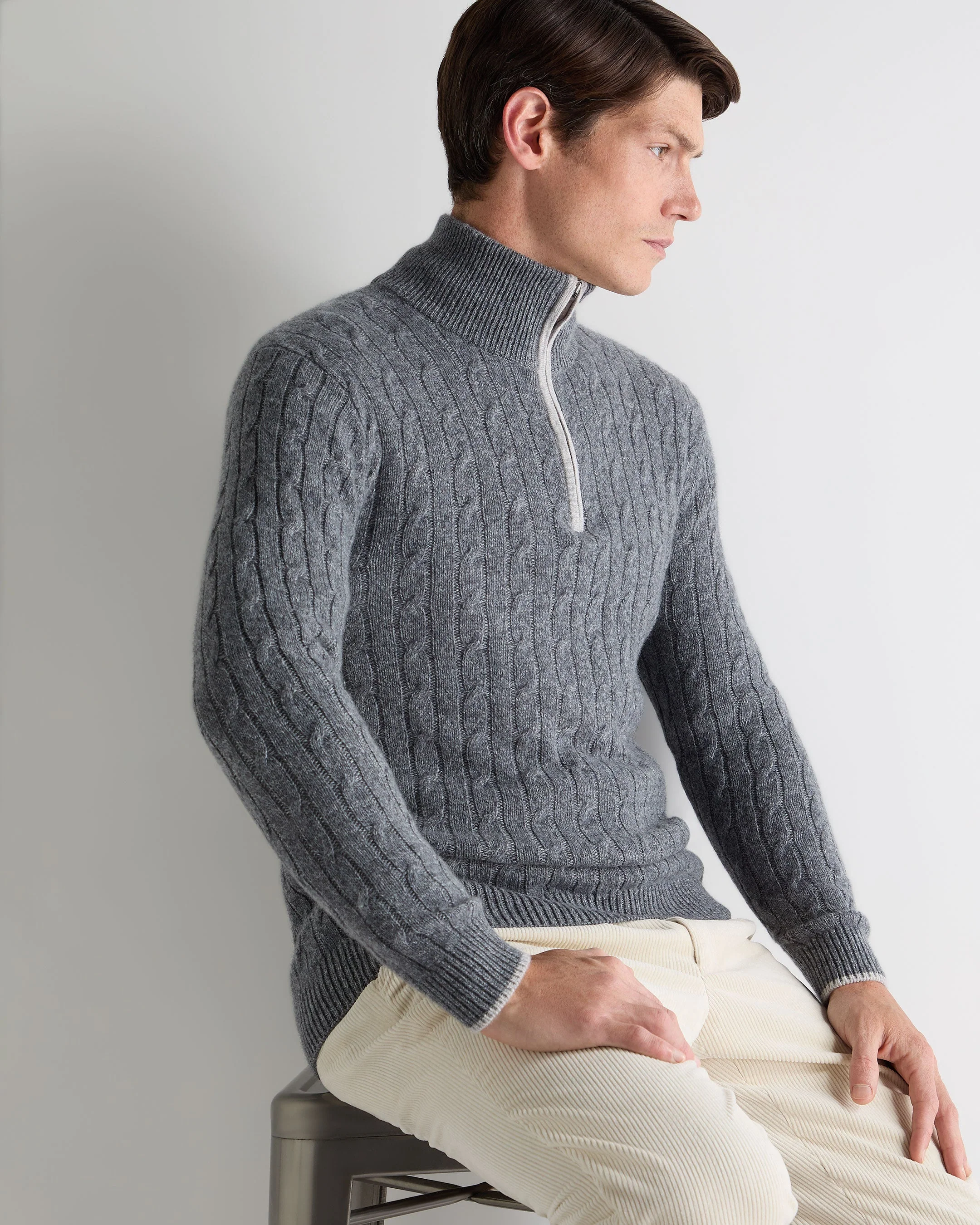 Men's Albemarle Cable Half Zip Cashmere Jumper Grey Melange