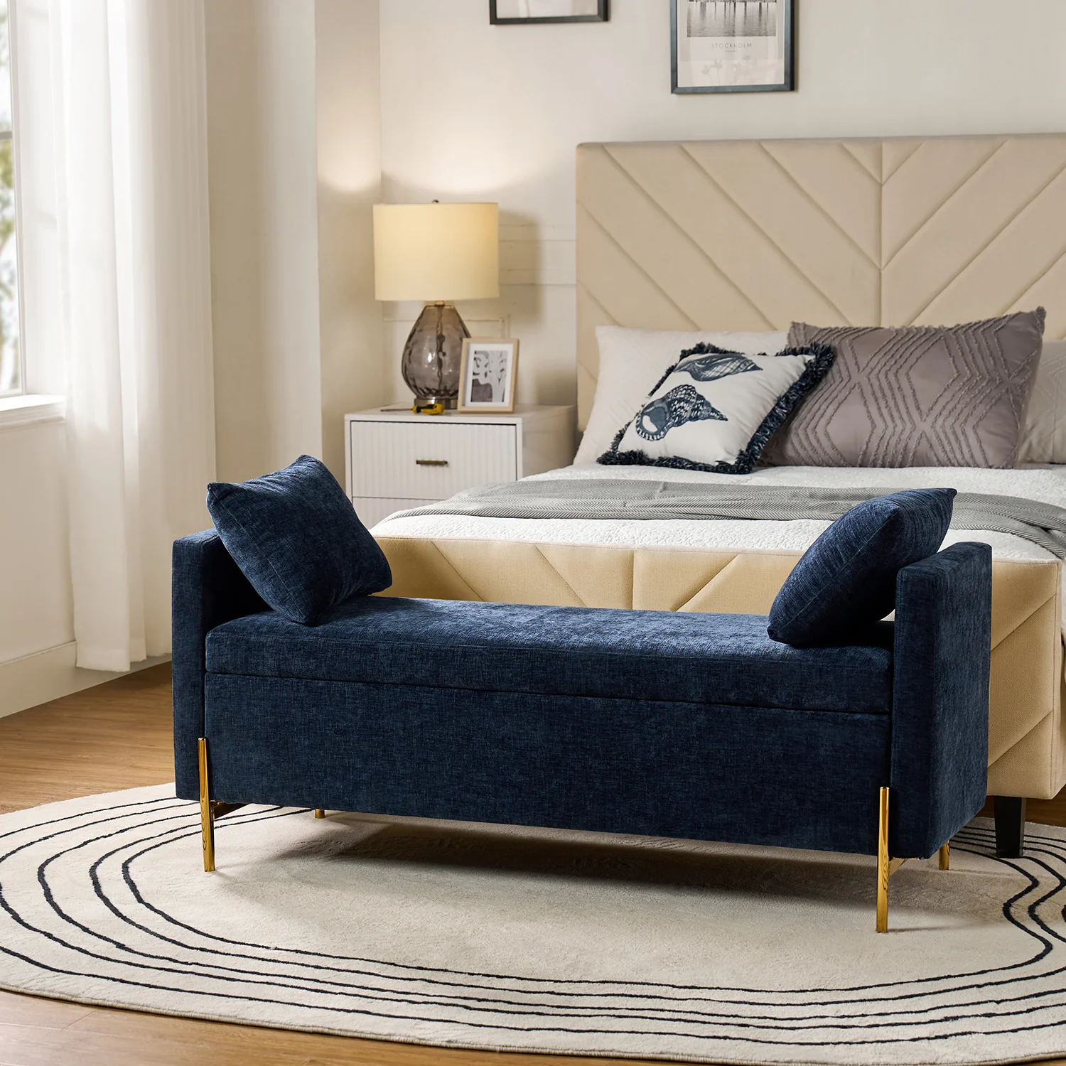 Arrigo Upholstered Flip Top Storage Bench in Navy