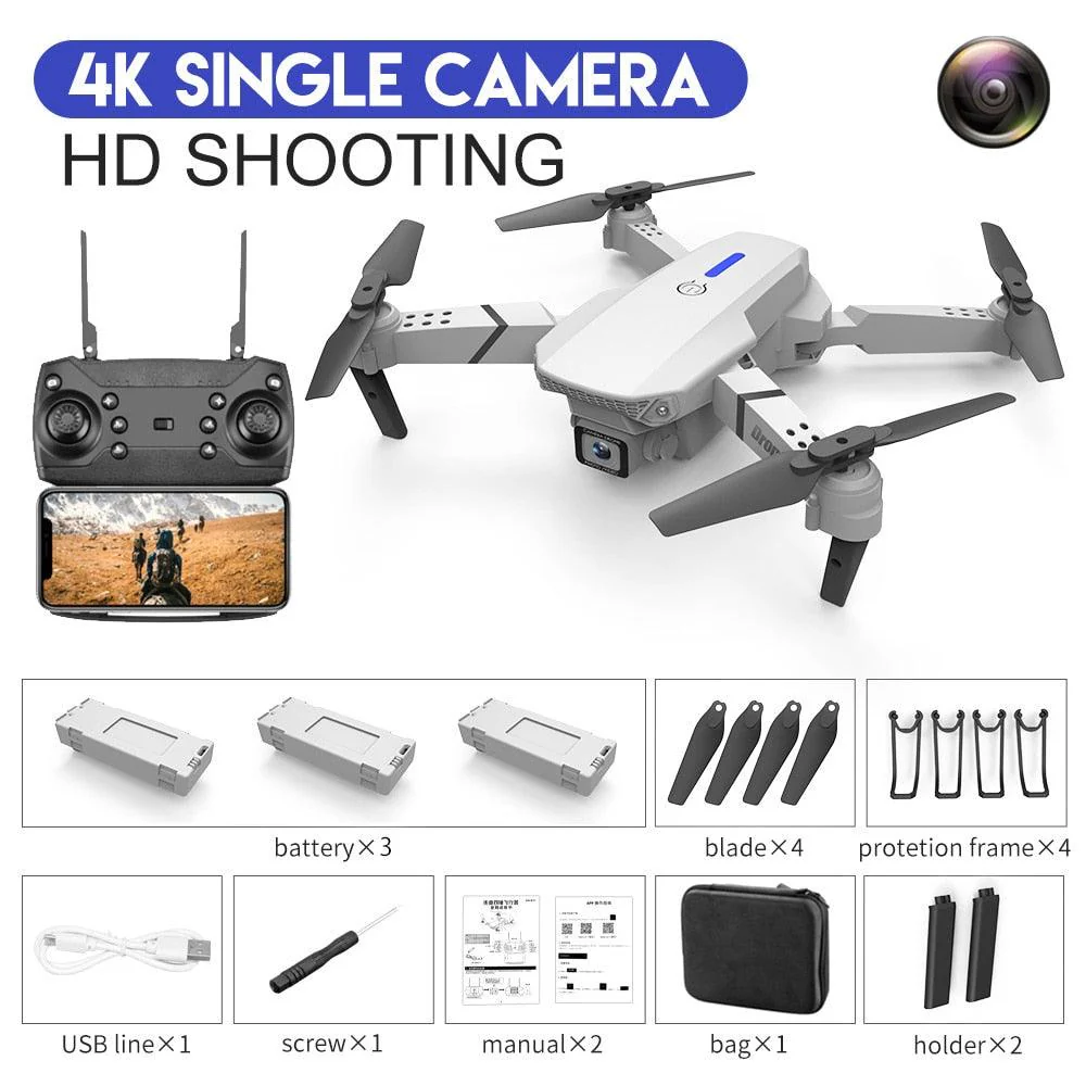 E88 Pro Drone - 2023 New Drone 4K Wide Angle HD Camera Foldable RC Helicopter WIFI FPV Height Hold Gift Toy