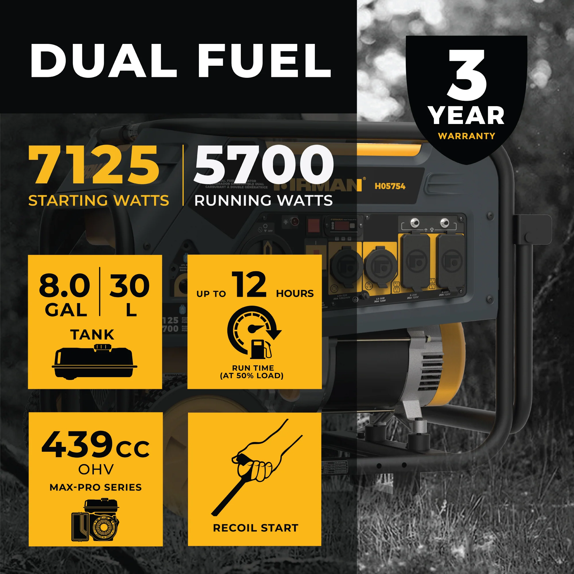 Dual Fuel Portable Generator 5700W Recoil Start 120/240V