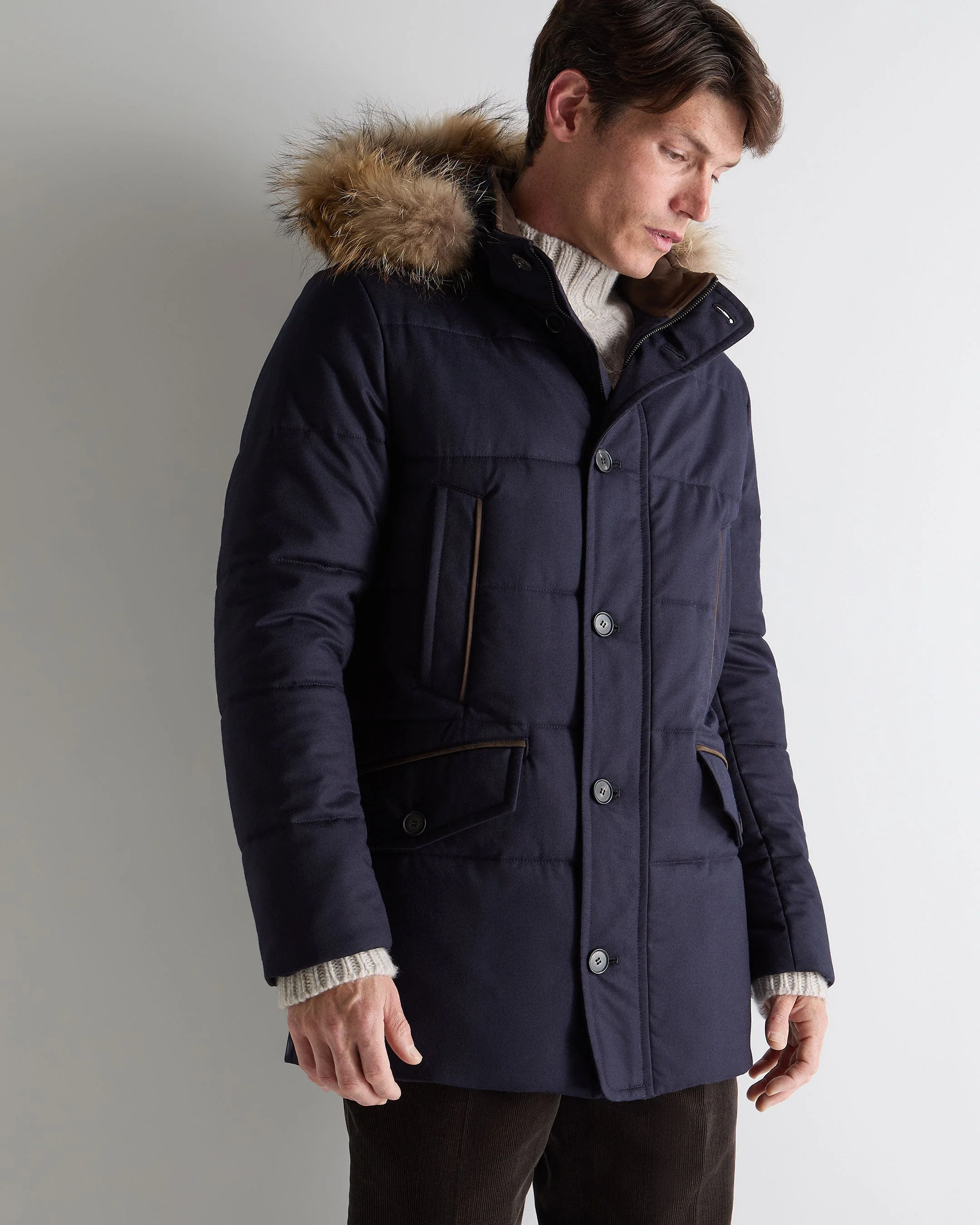 Men's Fur Trim Coat Navy Blue