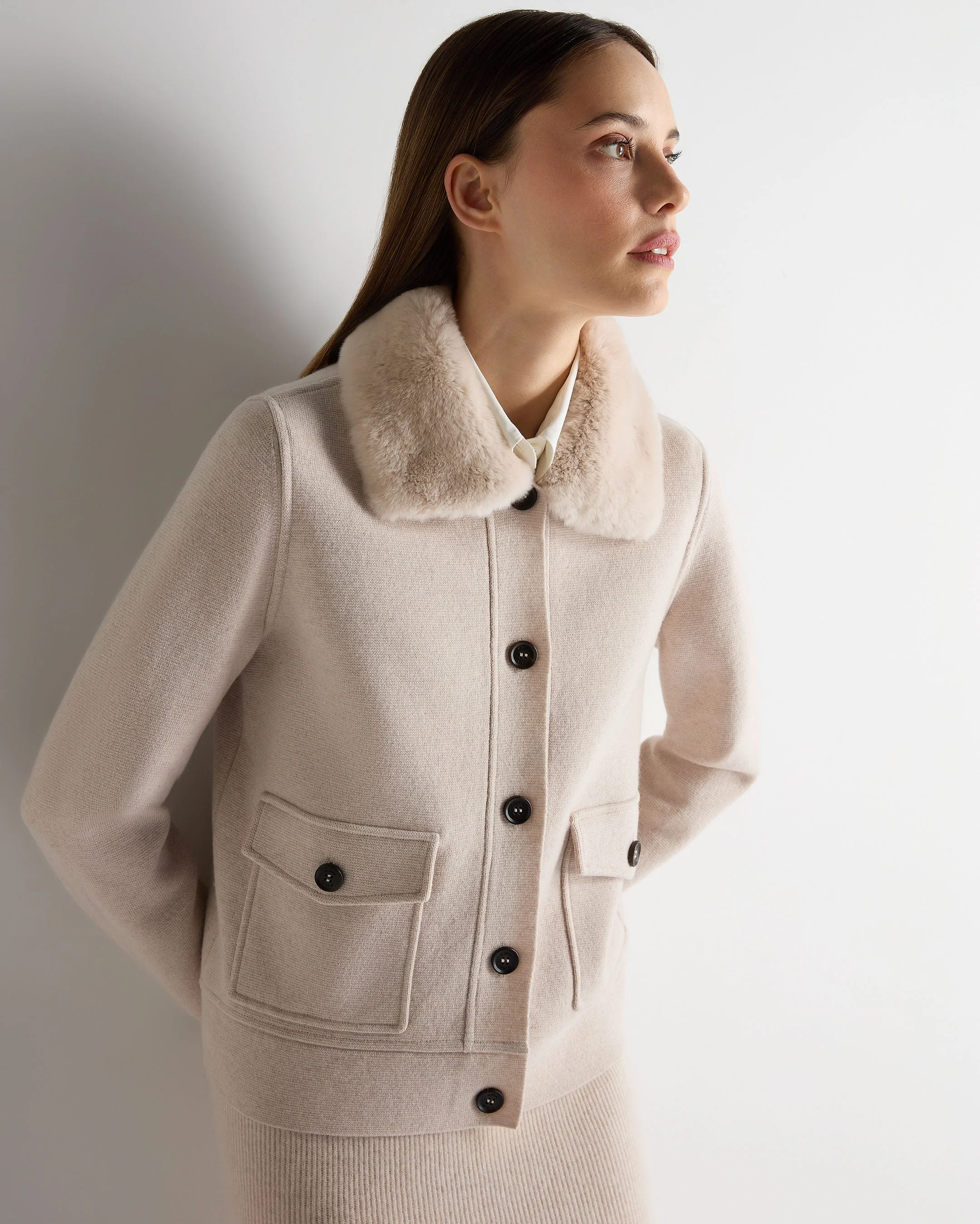 Women's Fur Collar Milano Cashmere Jacket Ecru White