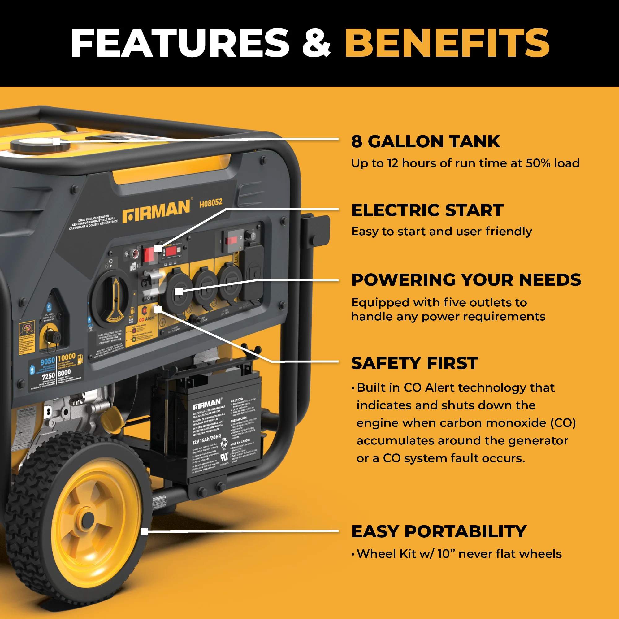 Dual Fuel Portable Generator 10000W Electric Start 120/240V with CO alert