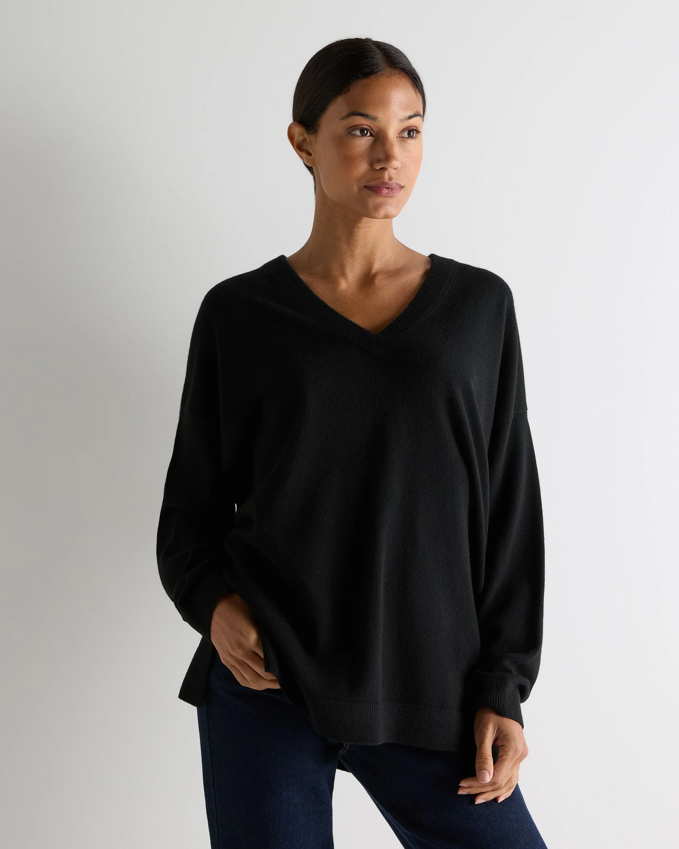 Women's Longline V Neck Cashmere Sweater Black