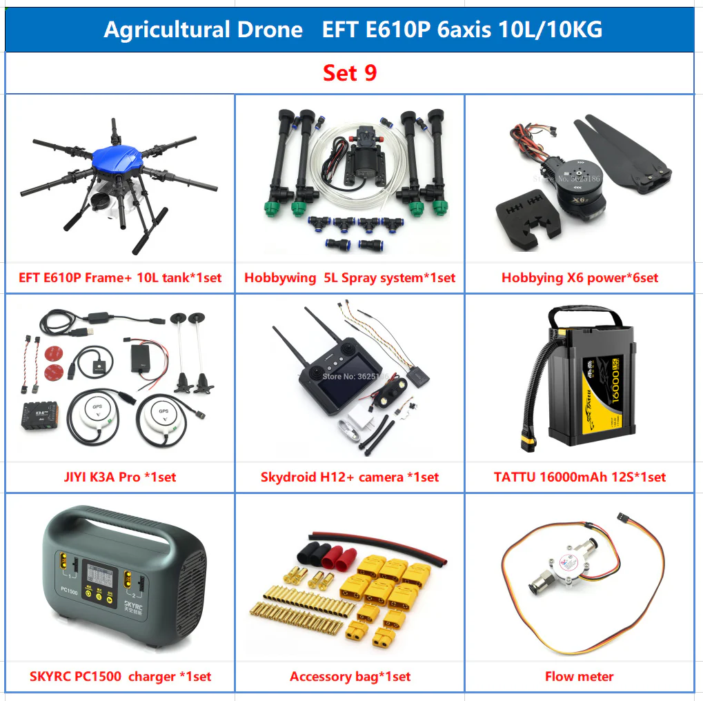 EFT E610P 10L Agriculture Drone -  6-Axis Sprayer Spreader Drone 10L Water Tank Compact With Hobbywing X6, JIYI K++ V2, Skydroid H12,TATTU 12S Battery