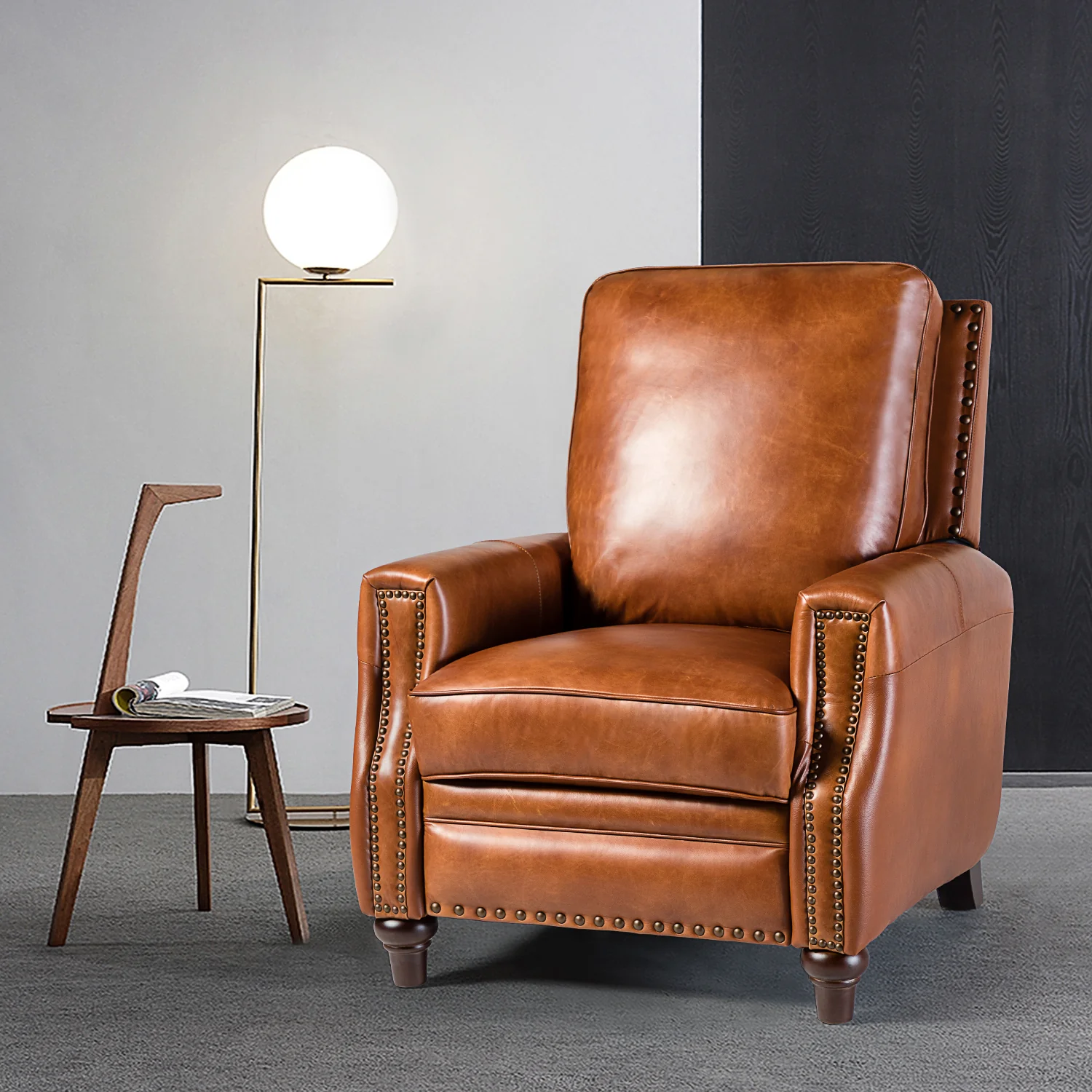 Amil Genuine Leather Recliner in Saddle