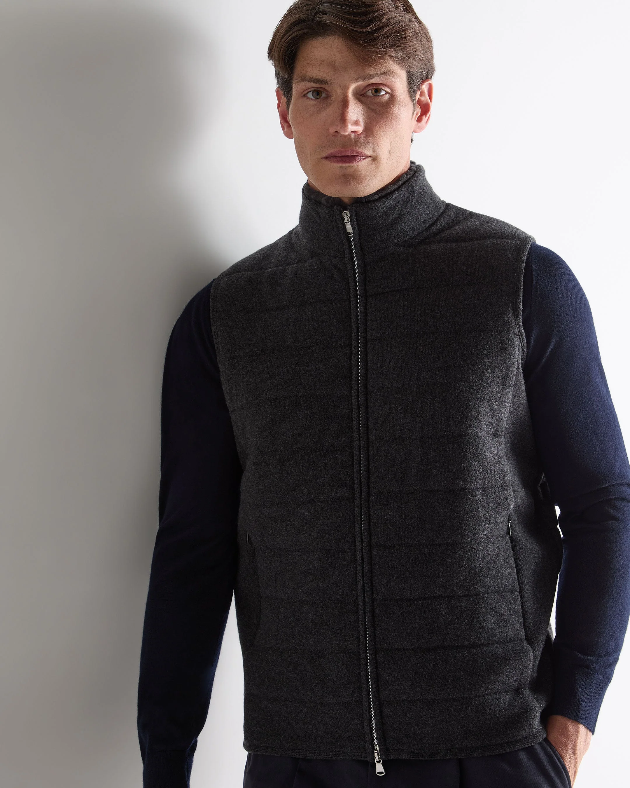 Men's Padded Fur Trim Cashmere Gilet Deep Charcoal Grey