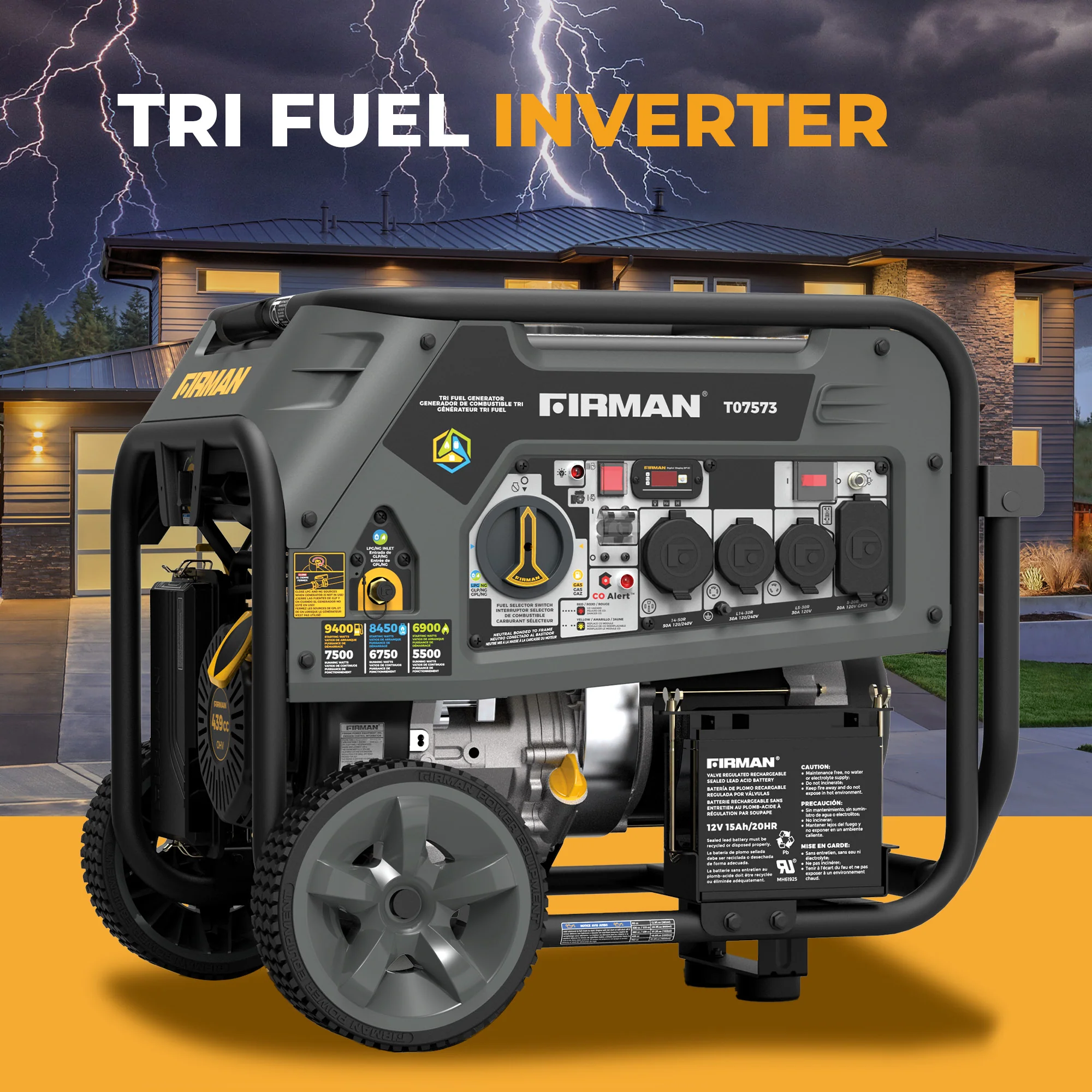 Tri Fuel Portable Generator 9400W Electric Start 120/240V with CO Alert