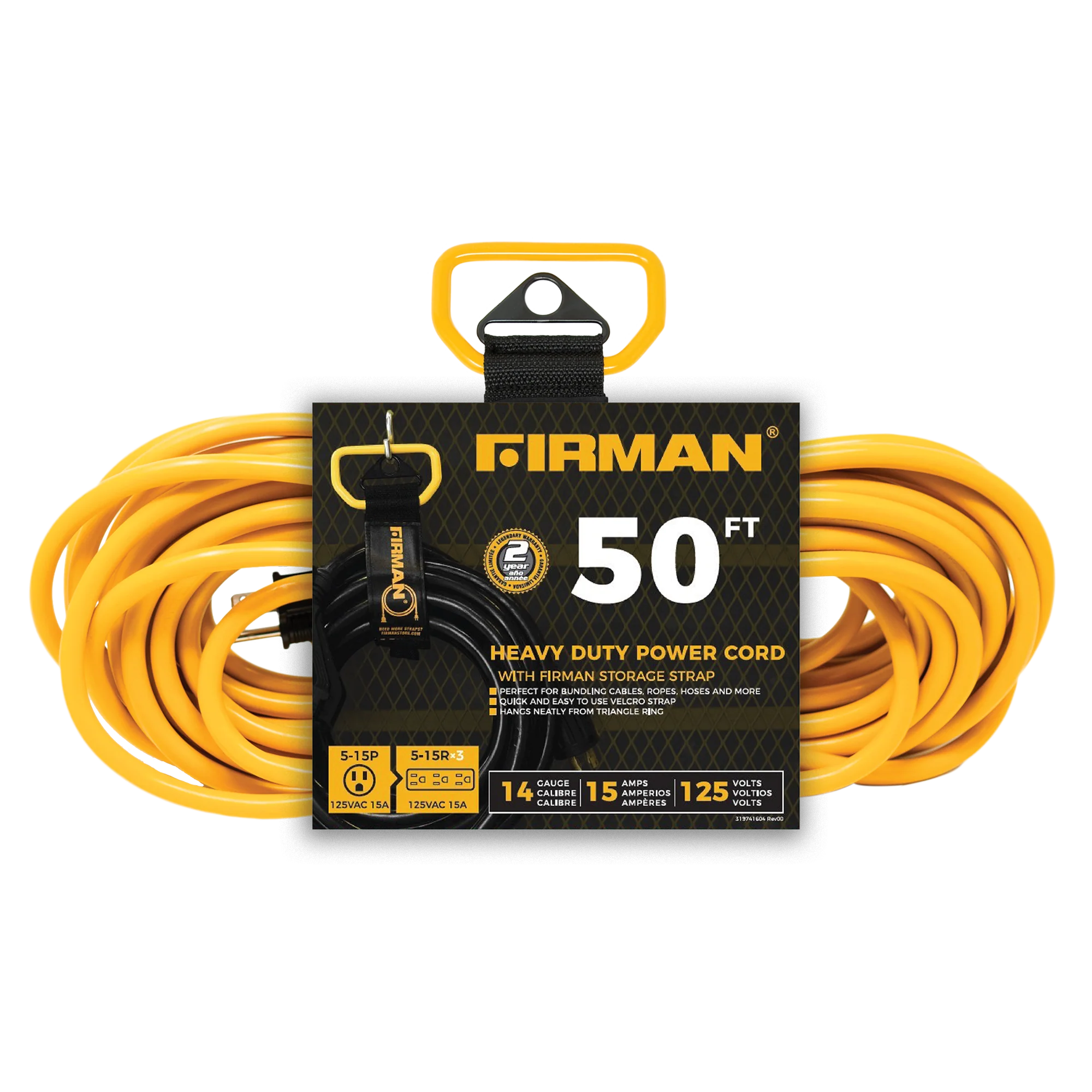 50ft Medium Duty 5-15P to (3) 5-15R Generator Utility Power Cord With Storage Strap