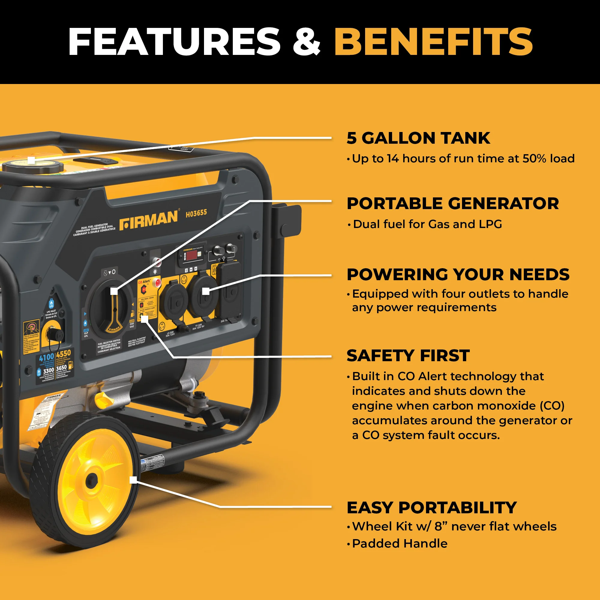 Dual Fuel Portable Generator 4550/3650W Recoil Start