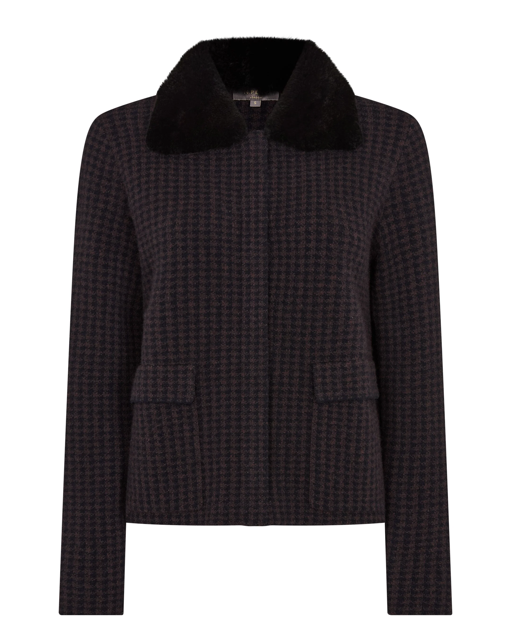 Women's Dogtooth Fur Trim Cashmere Jacket Navy Blue