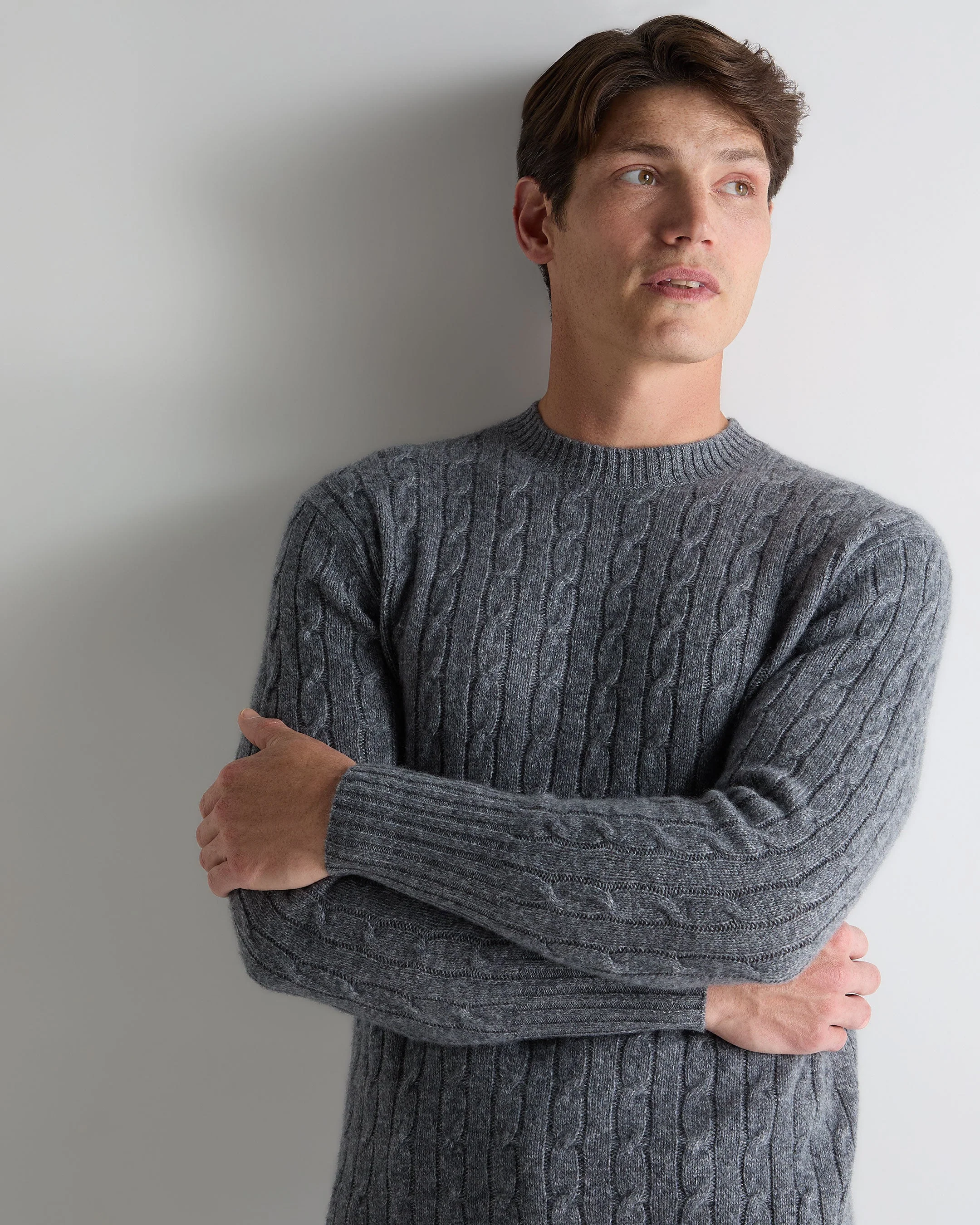 Men's Thames Cable Round Neck Cashmere Sweater Grey Melange