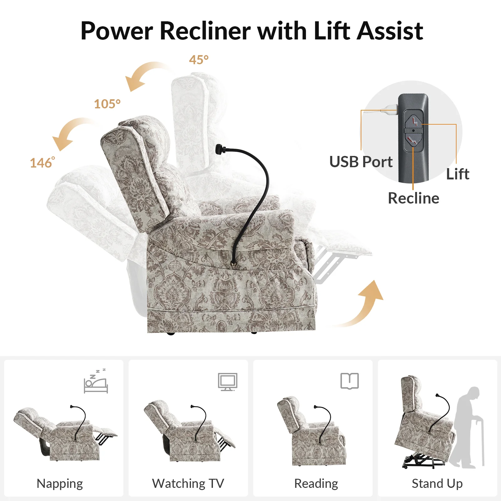 Billy Lift Assist Power Recliner in Damask
