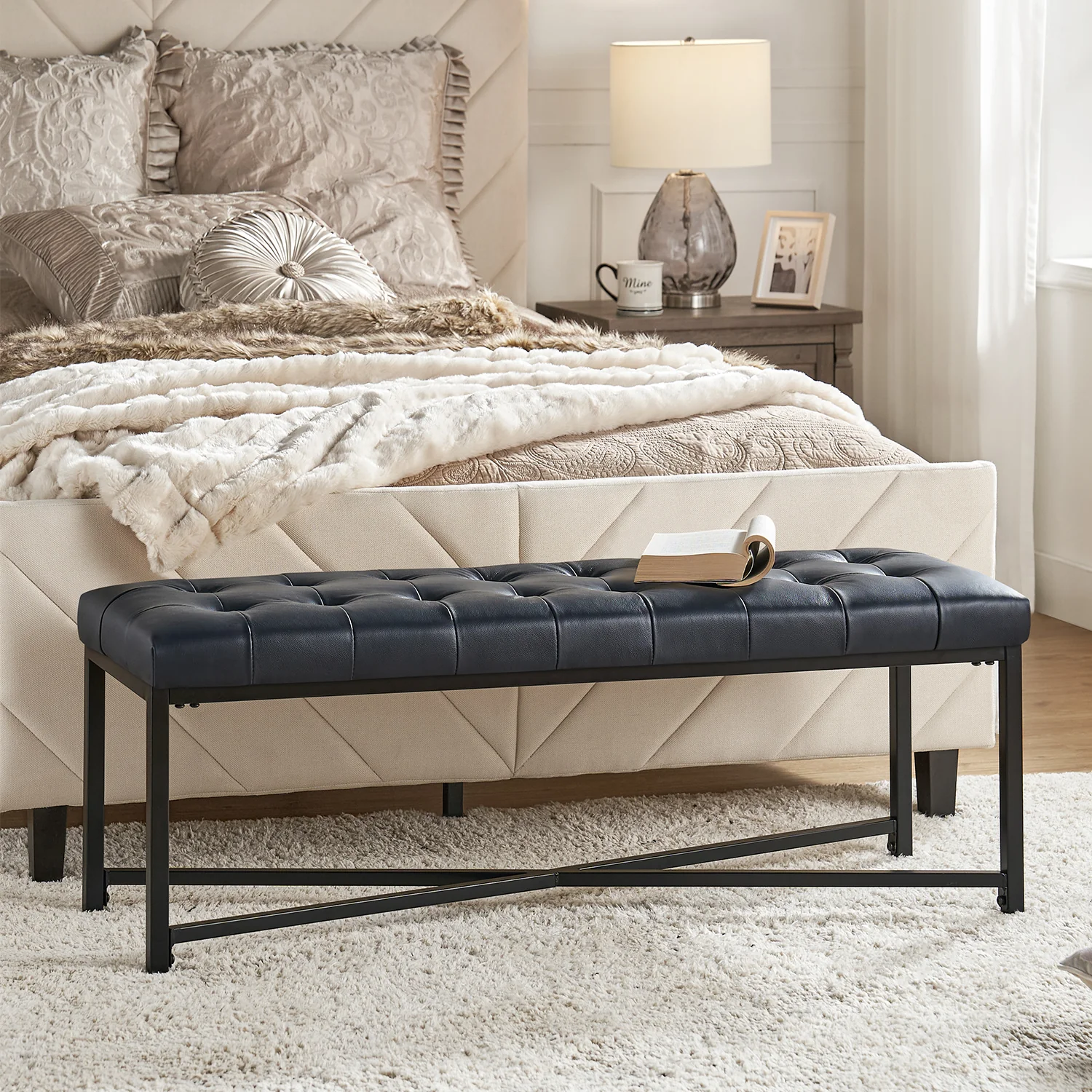 Arnold Upholstered Flip Top Storage Bench in Navy