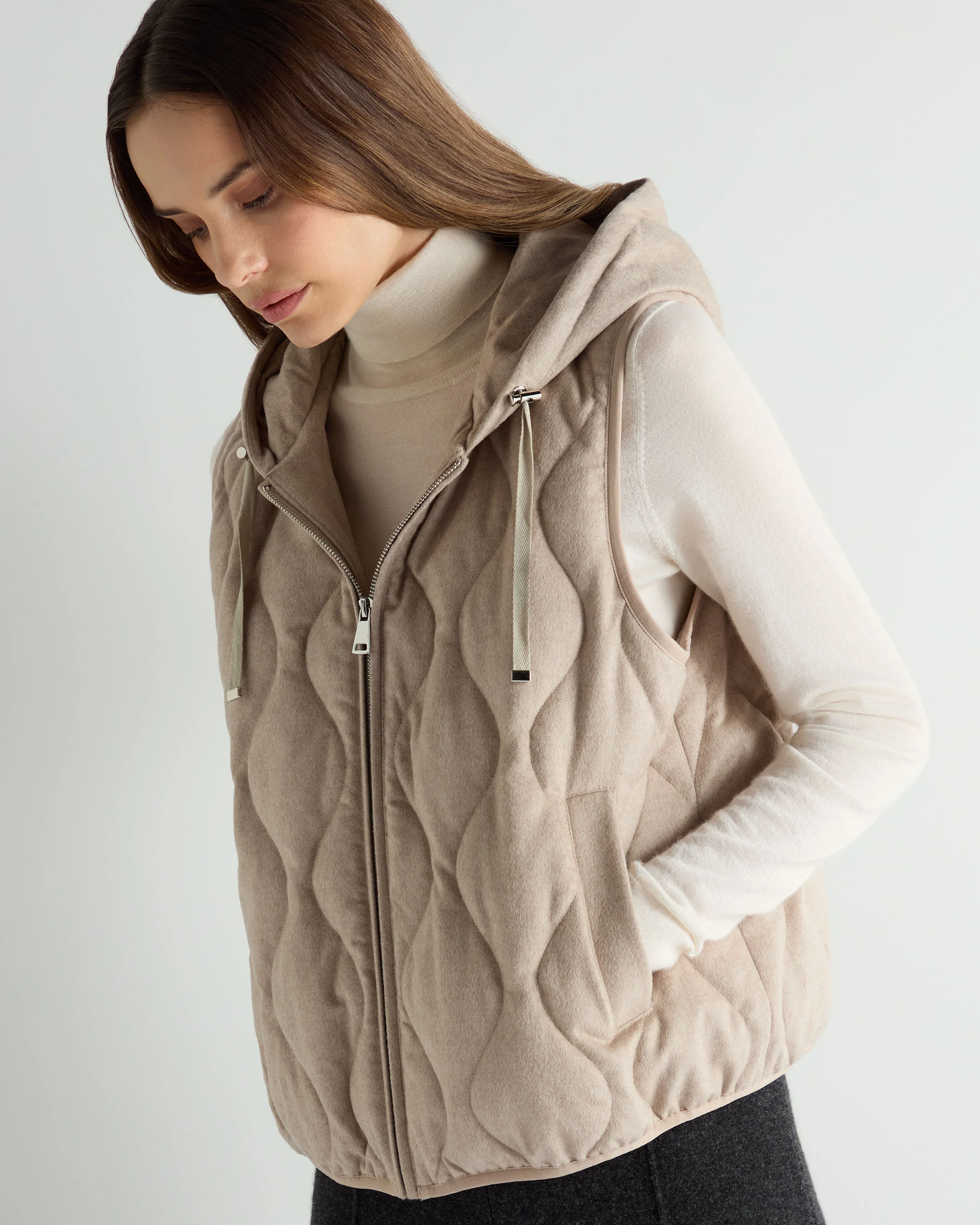 Women's Padded Gilet With Hood Beige Brown