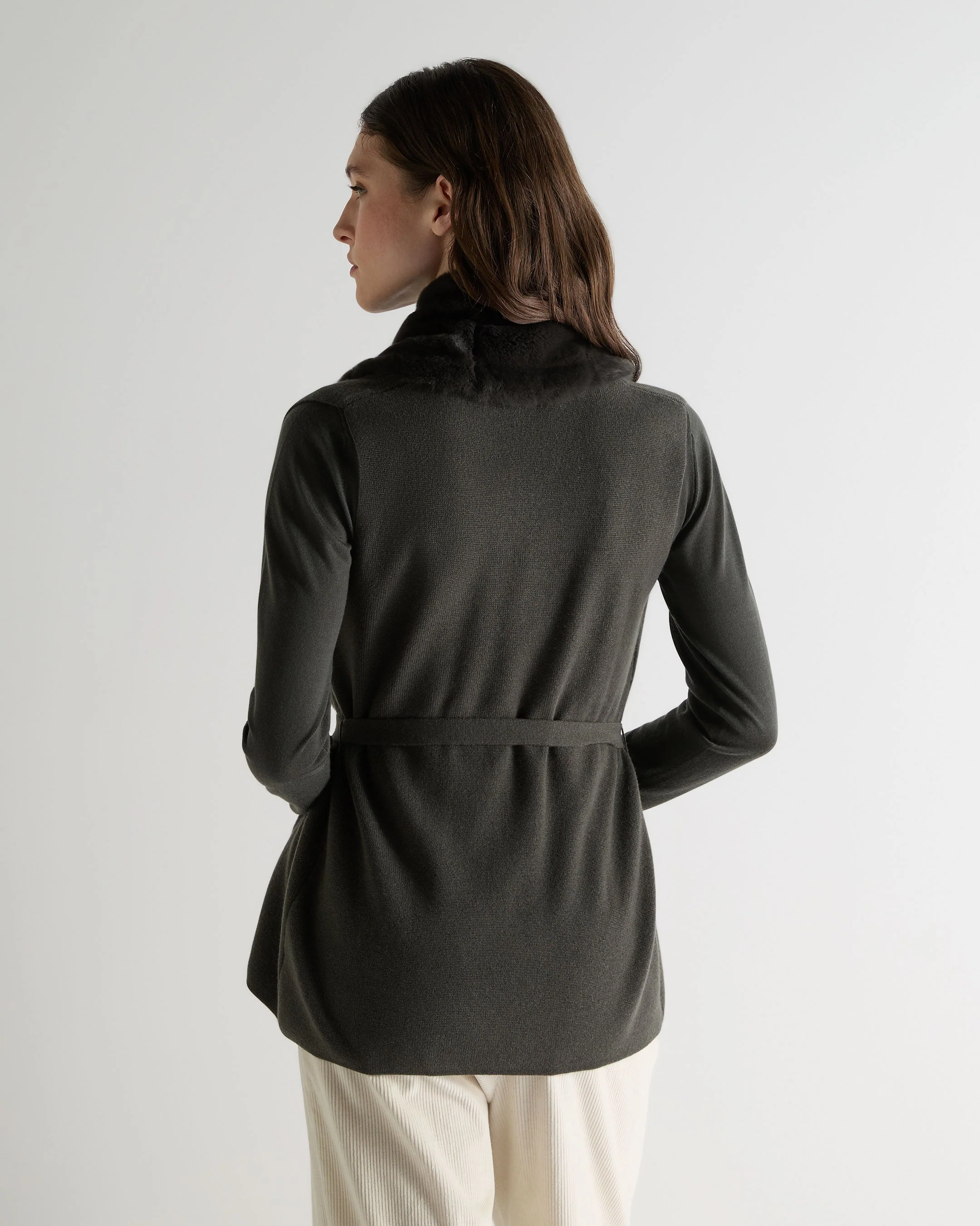 Women's Lola Fur Placket Cashmere Gilet Arabica Khaki Green