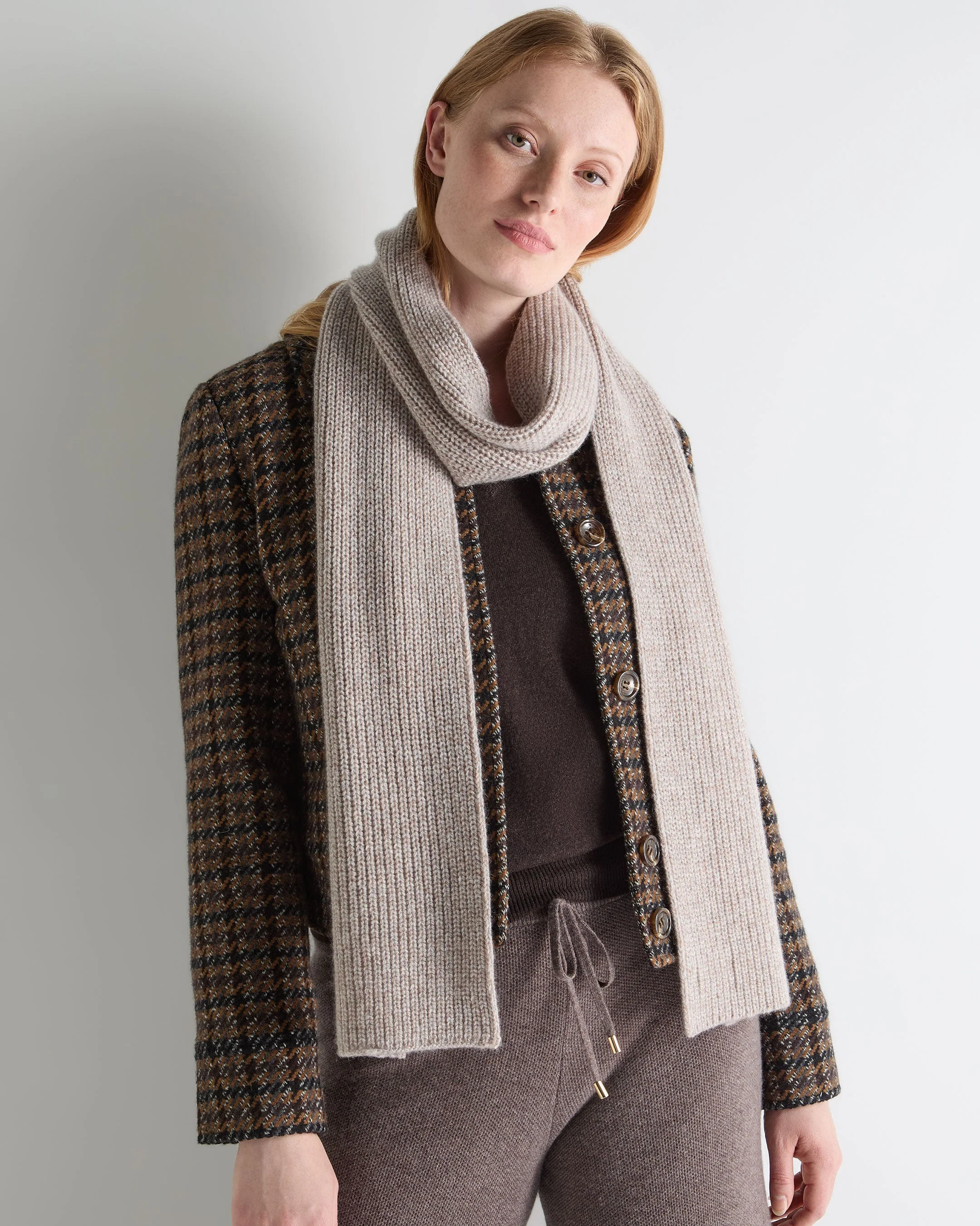 Unisex Ribbed Cashmere Scarf Basilica Beige Brown Marl