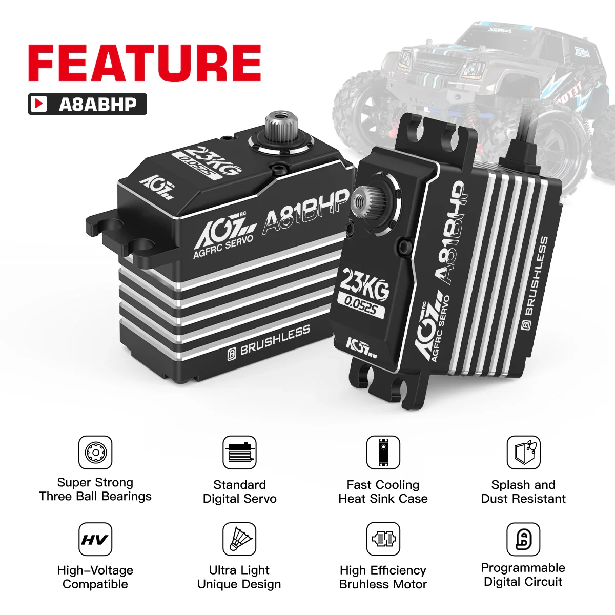 AGFRC A81BHP - 23KG Super Speed Steel Gears HV Brushless Programmable Standard Steering Servo For 1/8 RC Truck Car Boat Aircraft