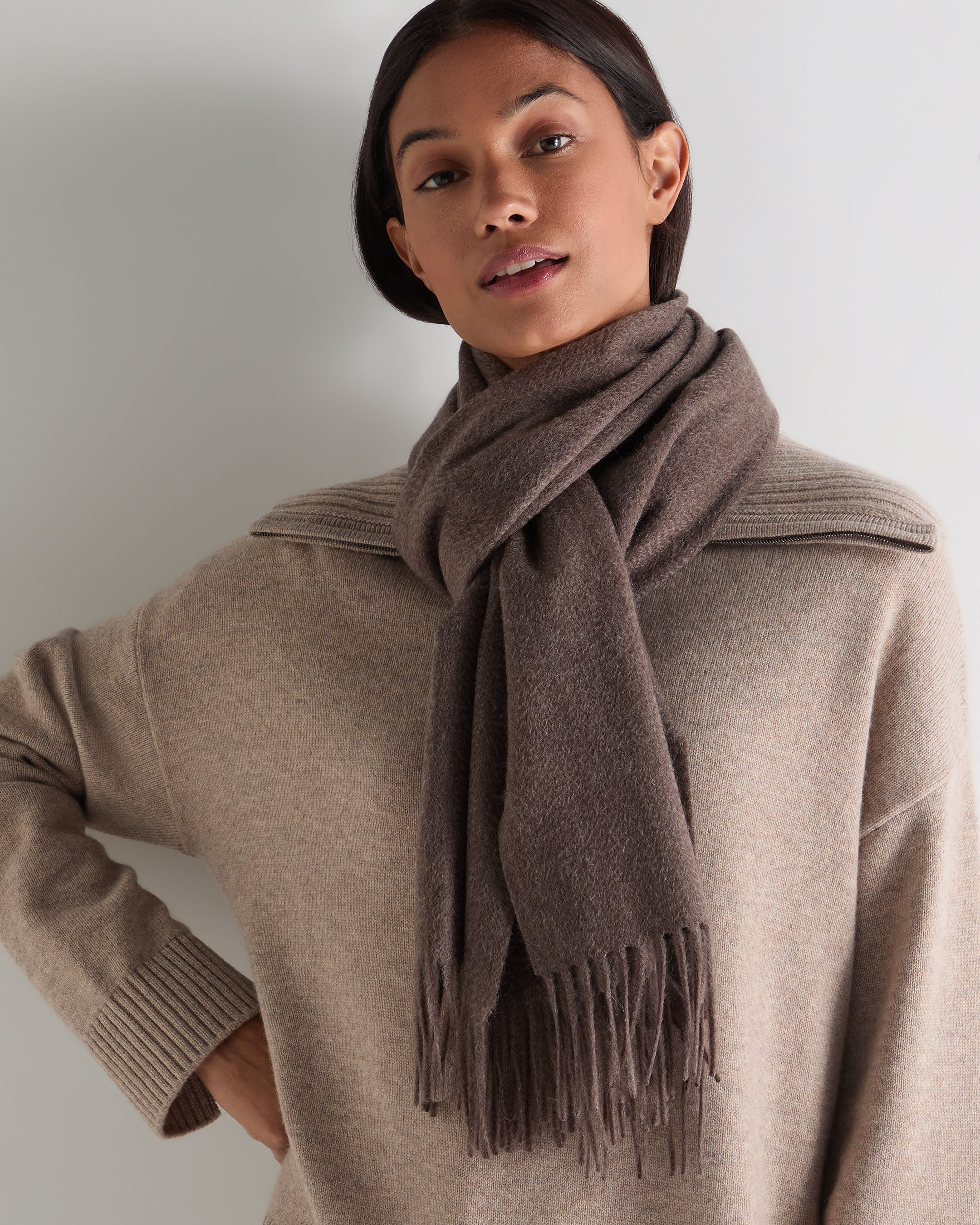 Unisex Large Woven Cashmere Scarf Otter Brown