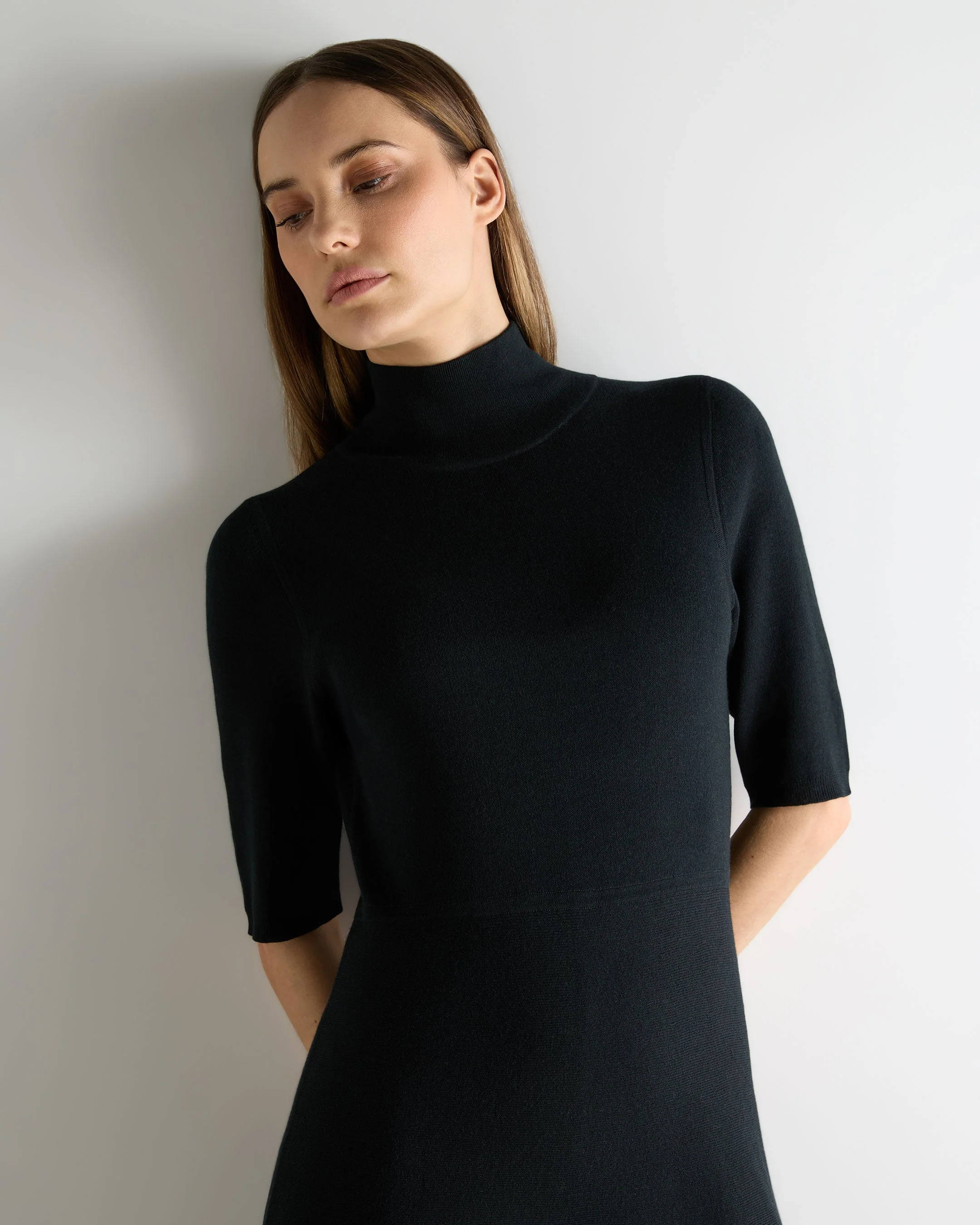 Women's Mock Neck Midi Cashmere Silk Dress Black