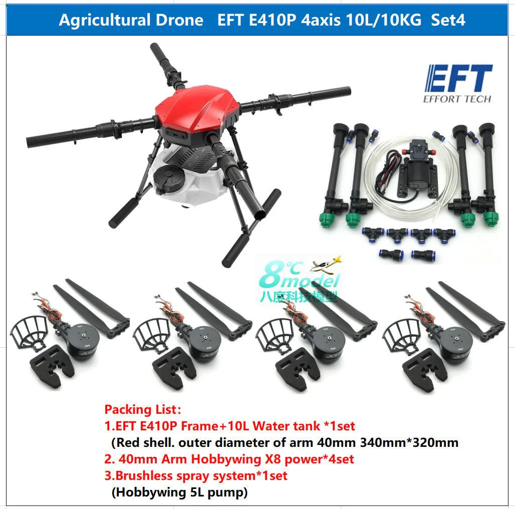 EFT E410P 10L Agriculture Drone - 4 Axis Agriculture Drone frame  10L Water Tank 30inch Propeller Compact With Hobbywing X8, JIYI K3A Pro,Skydroid H12