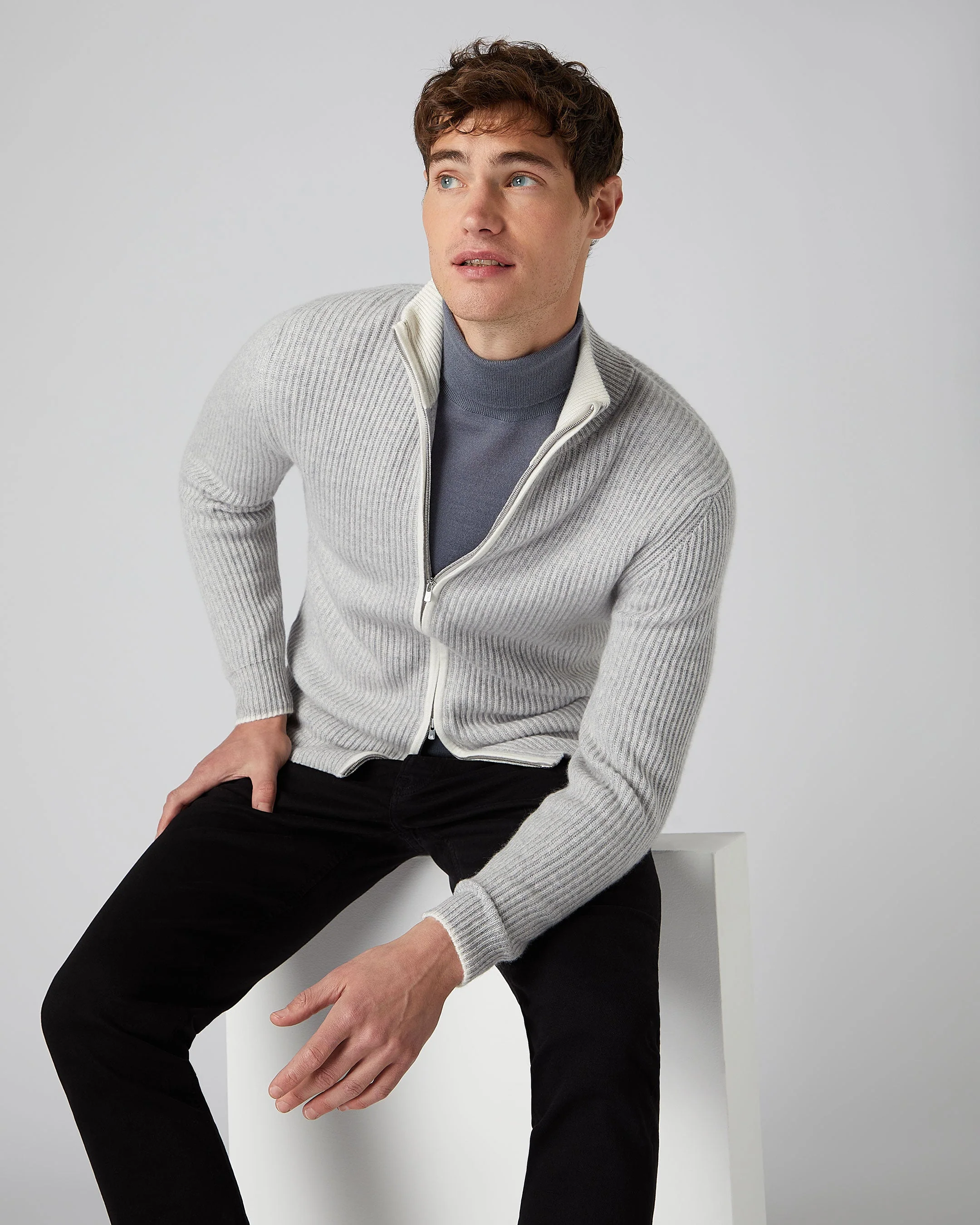 Men's Lambeth Rib Full Zip Cashmere Cardigan Fumo Grey