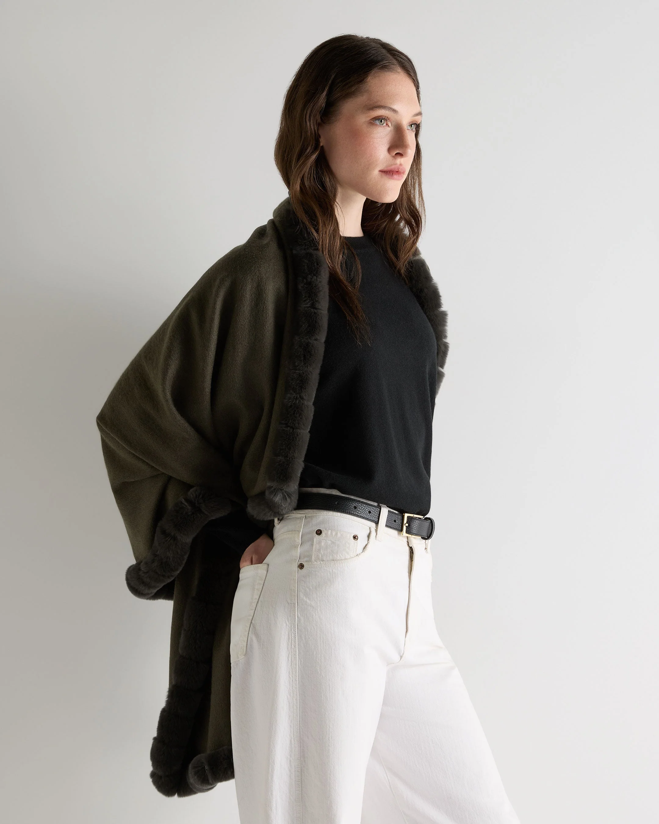 Women's Meribel Woven Fur Trim Cashmere Shawl Arabica Khaki Green