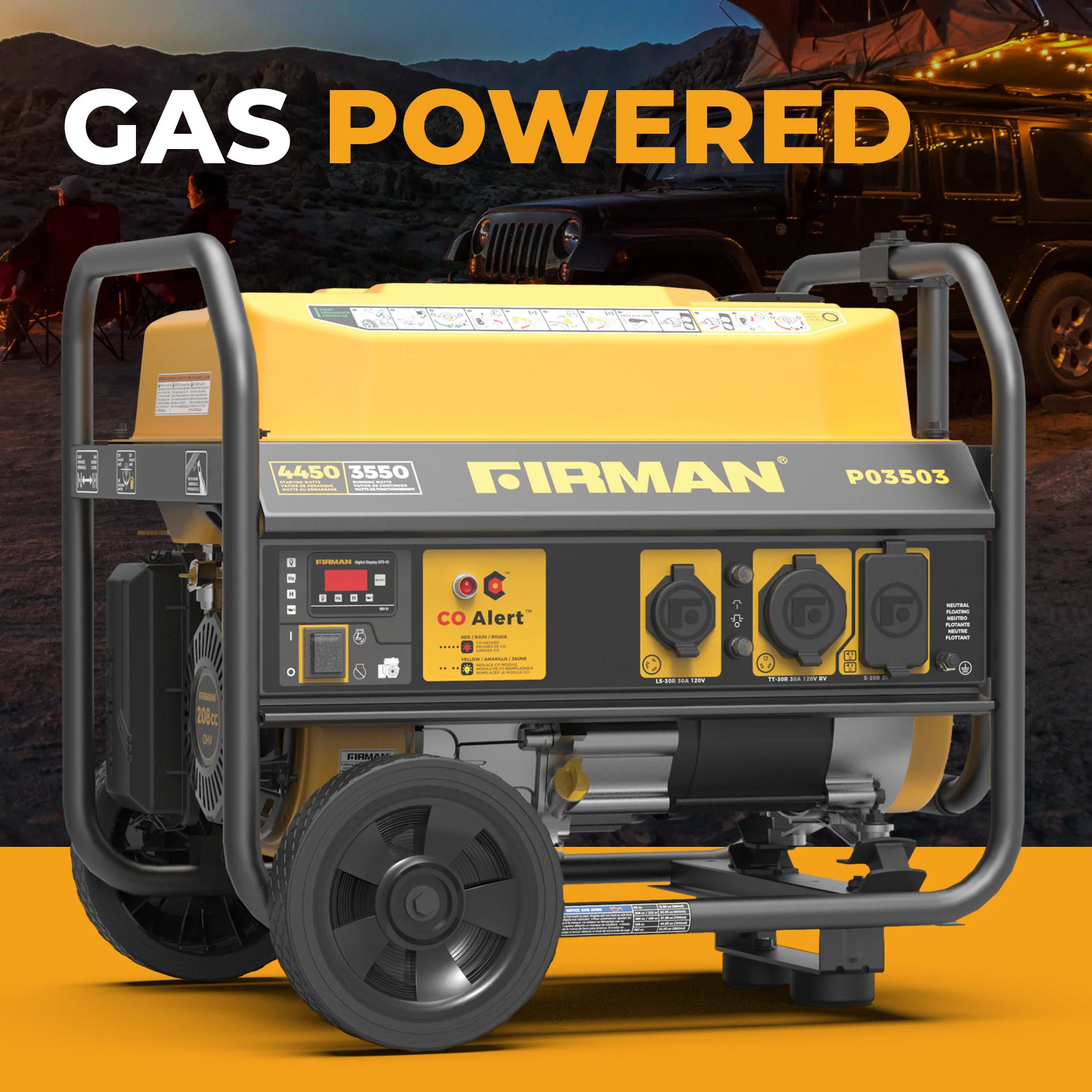 Gas Portable Generator 4450W Recoil Start 120V with CO alert