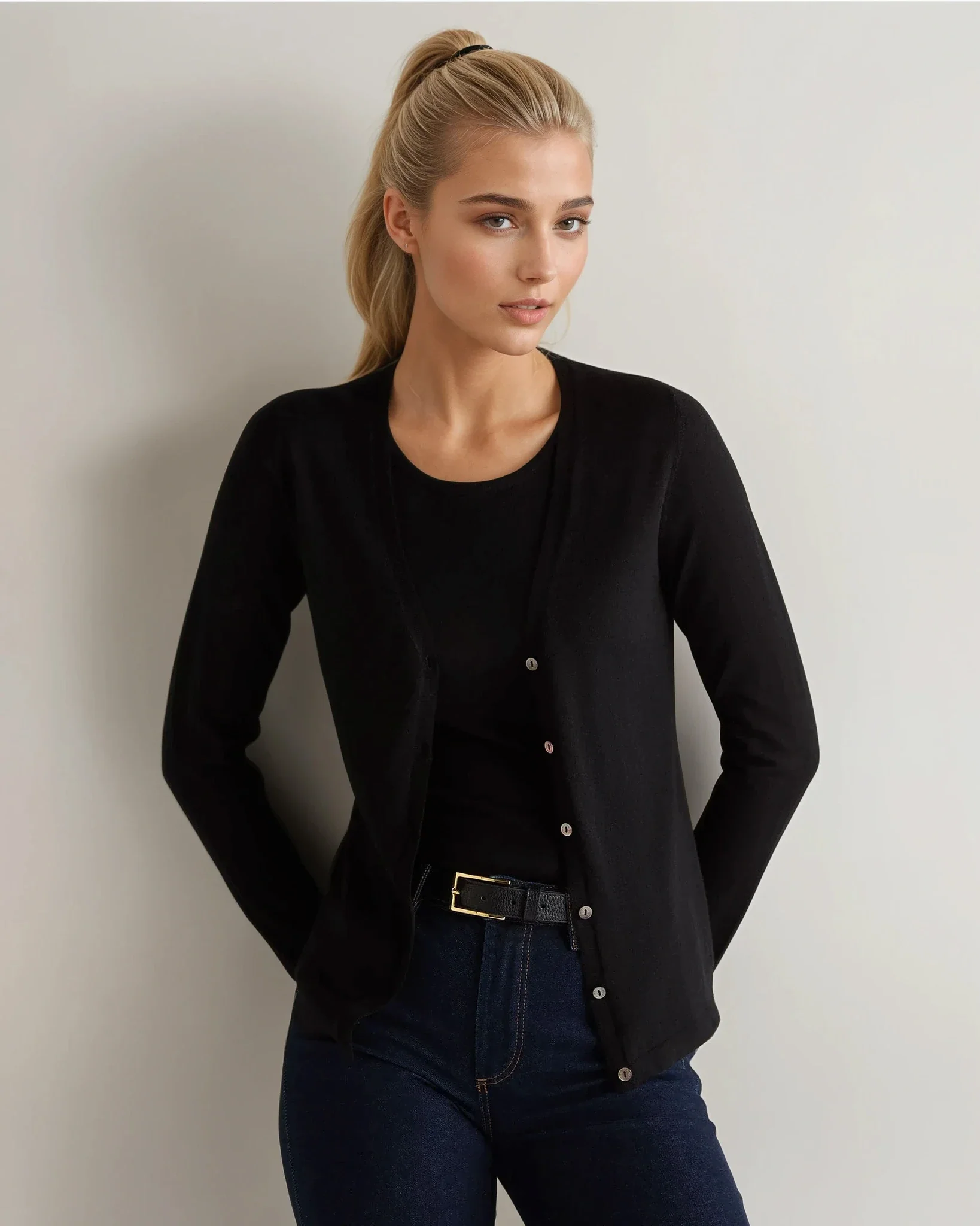 Women's Mia Superfine Cashmere V Neck Cardigan Black
