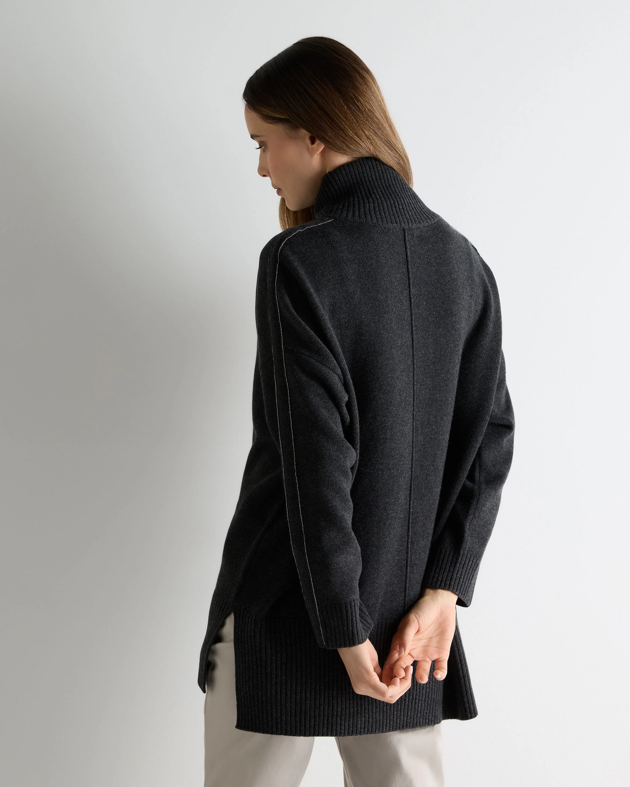 Women's Mock Neck Long Cashmere Sweater Deep Charcoal Grey