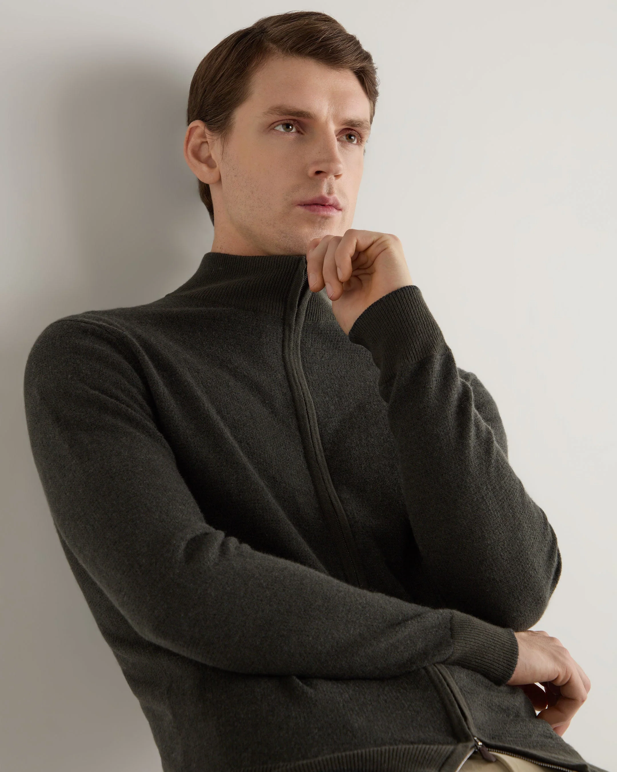 Men's Knightsbridge Full Zip Cashmere Jumper Arabica Khaki Green