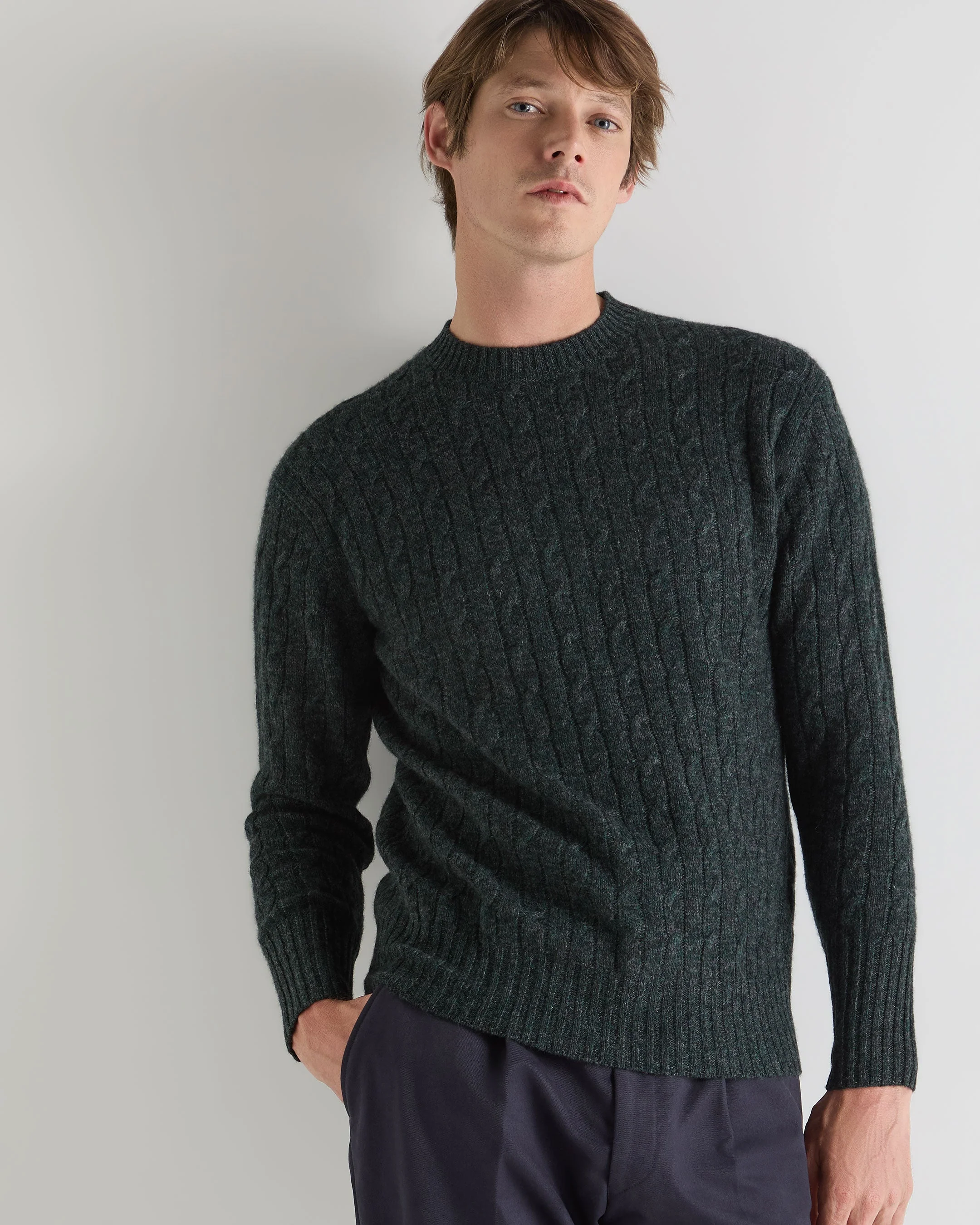 Men's Thames Cable Round Neck Cashmere Sweater Green Melange