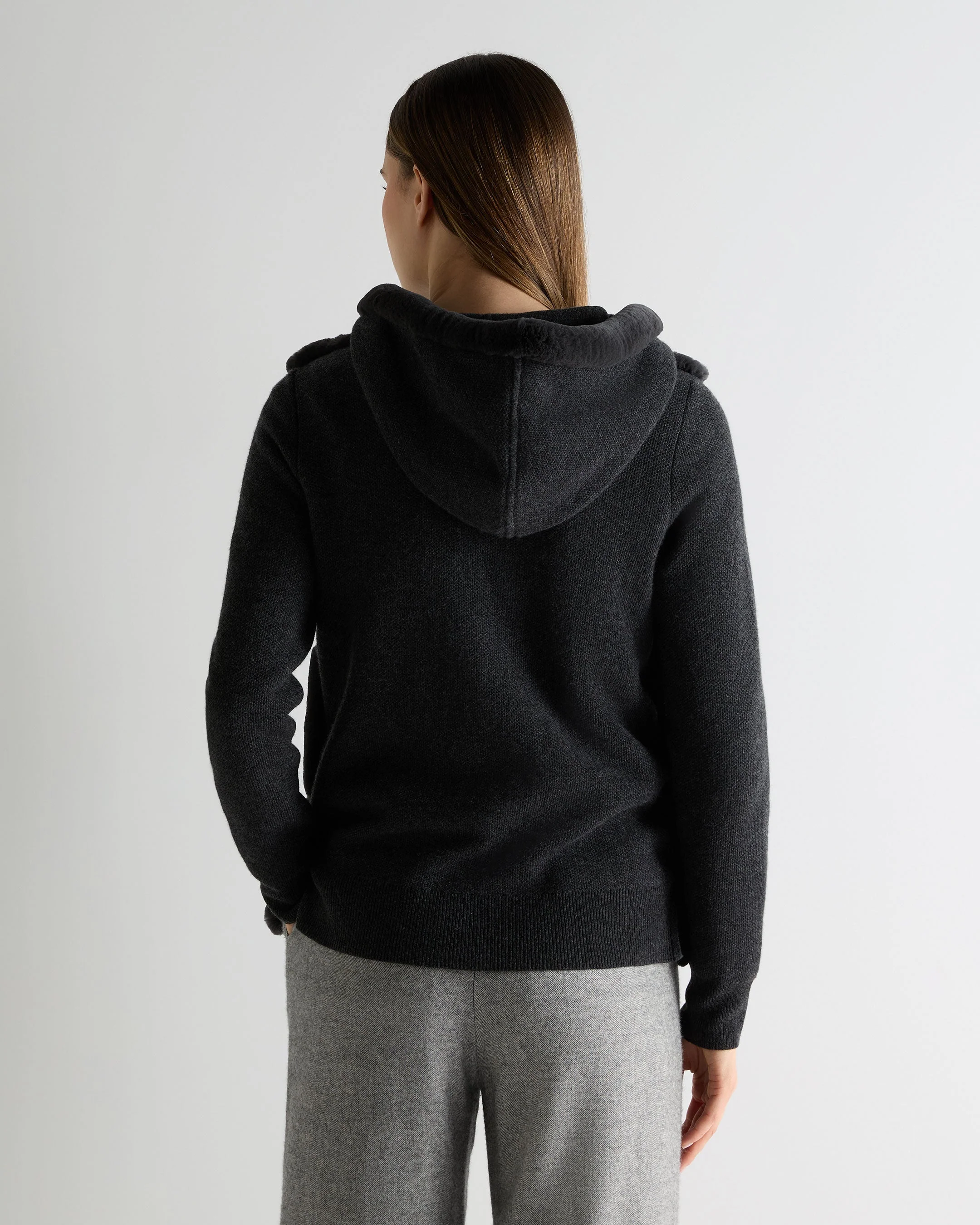Women's Honeycomb Fur Trim Cashmere Hoodie Deep Charcoal Grey