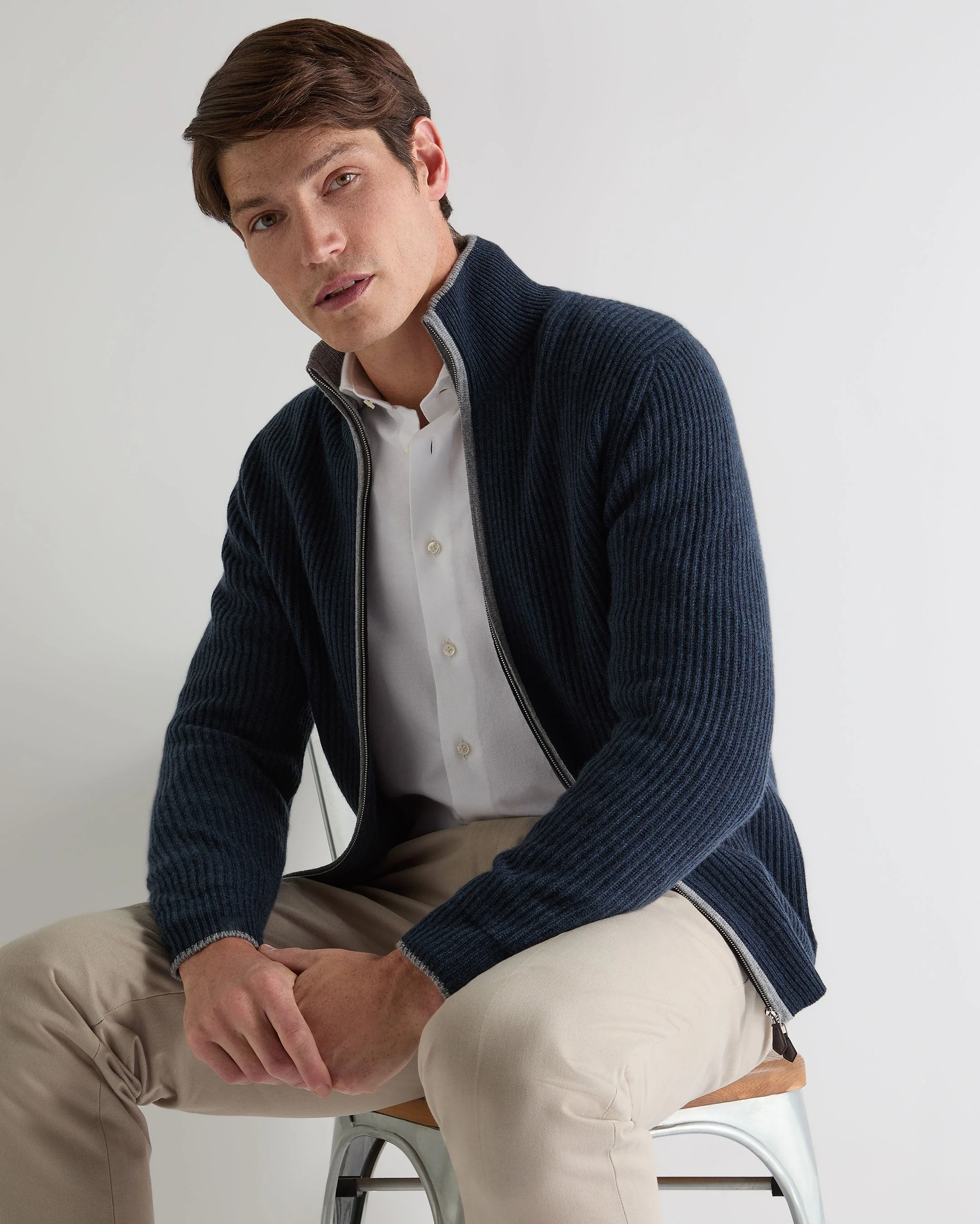 Men's Lambeth Rib Full Zip Cashmere Cardigan Indigo Blue