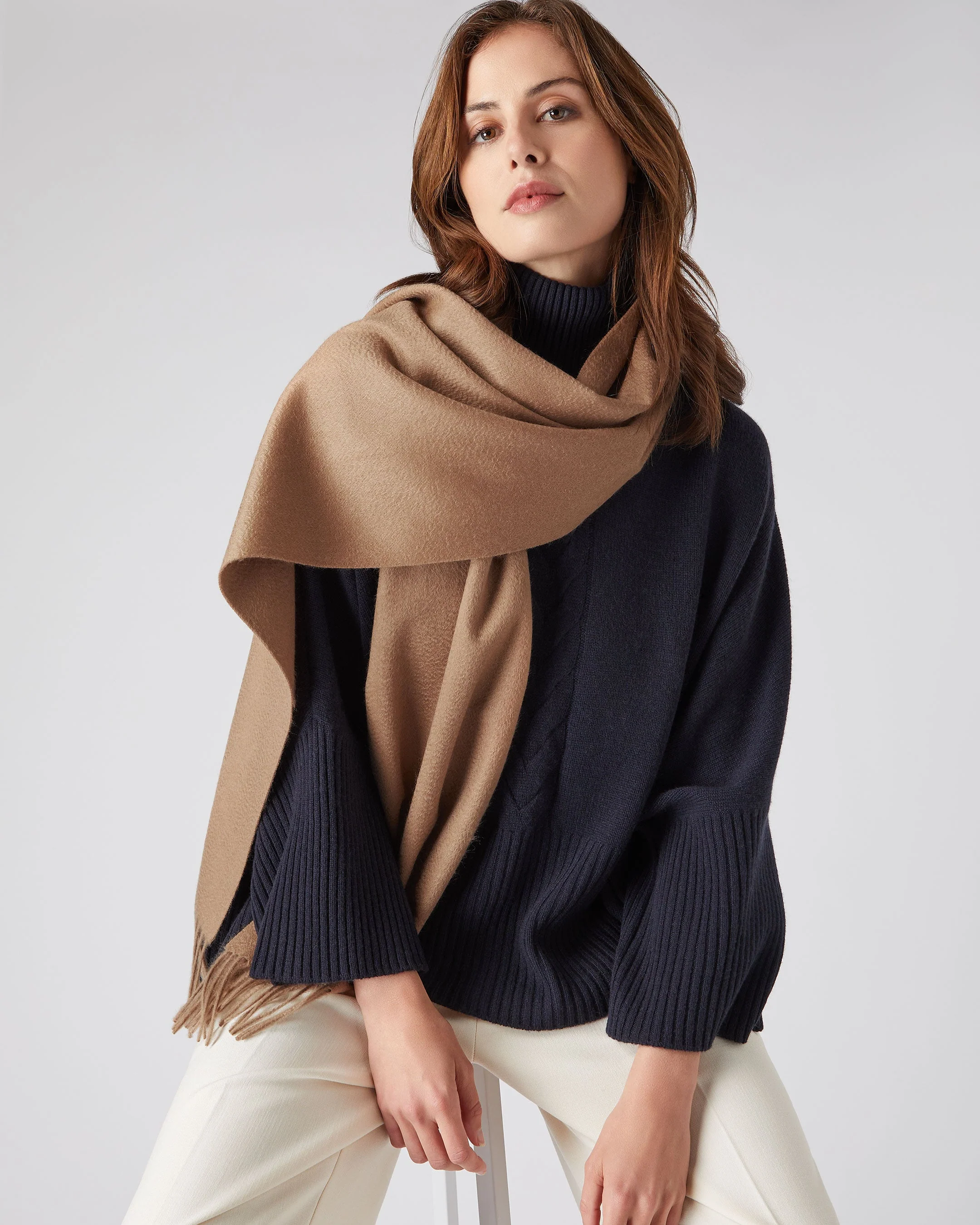 Unisex Large Woven Cashmere Scarf Dark Tan Brown