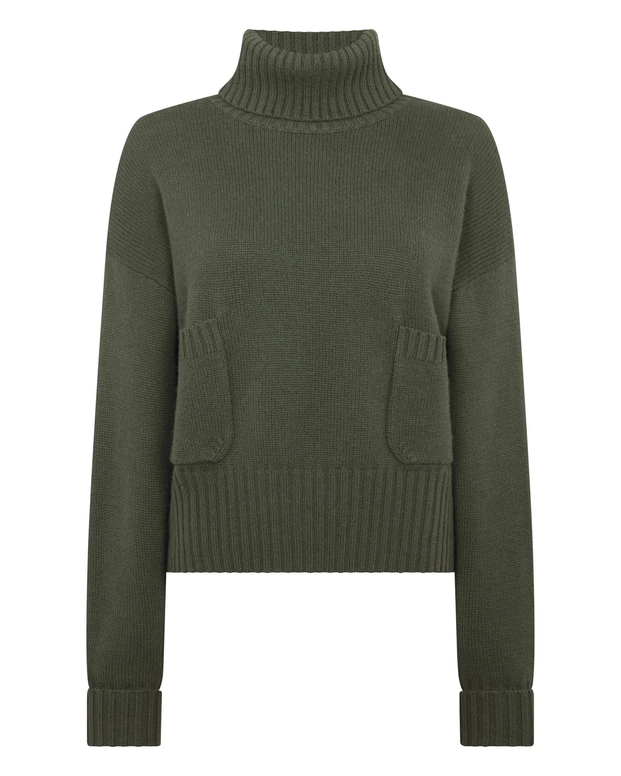 Women's Cropped Turtle Neck Cashmere Sweater Army Green