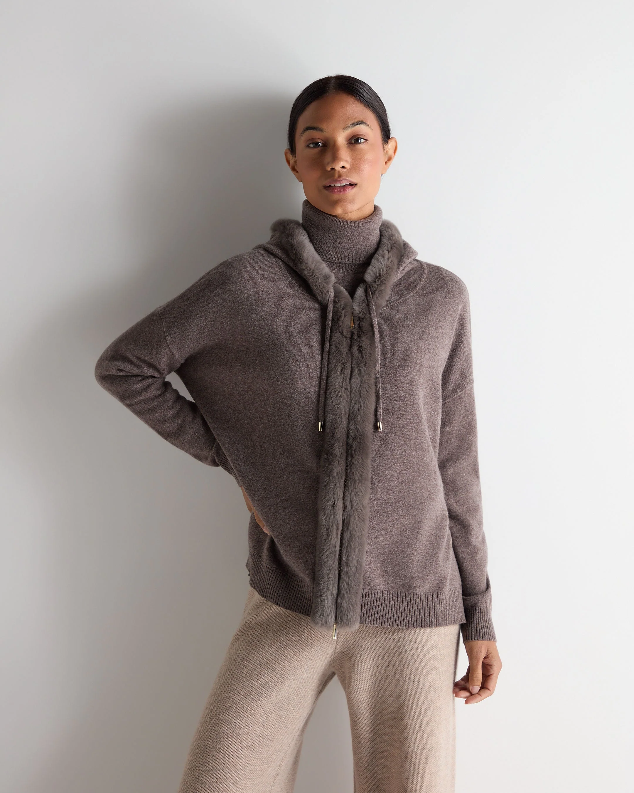 Women's Alicia Fur Trim Cashmere Hoodie Otter Brown