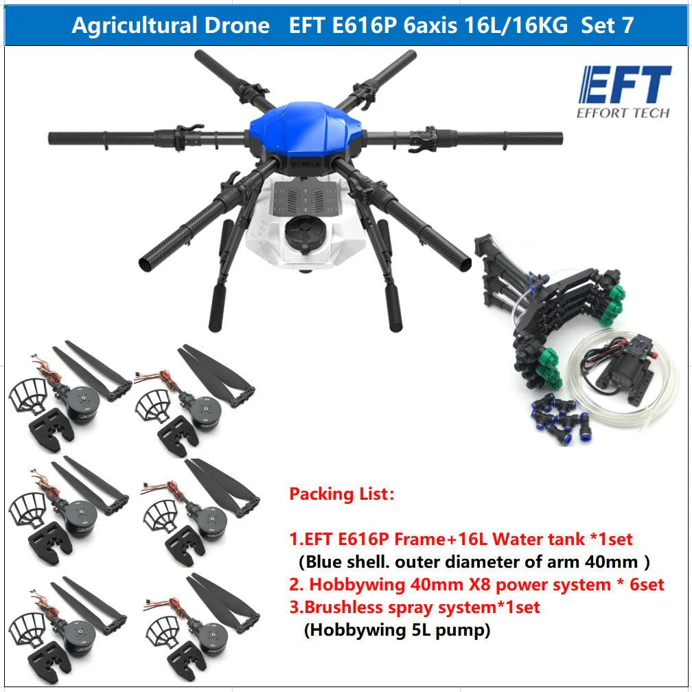 EFT E616P 16L Agriculture Drone - 6 Axis Drone Frame 16L Water Tank Spreader System Sprayer With Hobbywing X8 power, JIYI K++ V2, Skydroid H12, Tattu 12S 22000mAh Battery