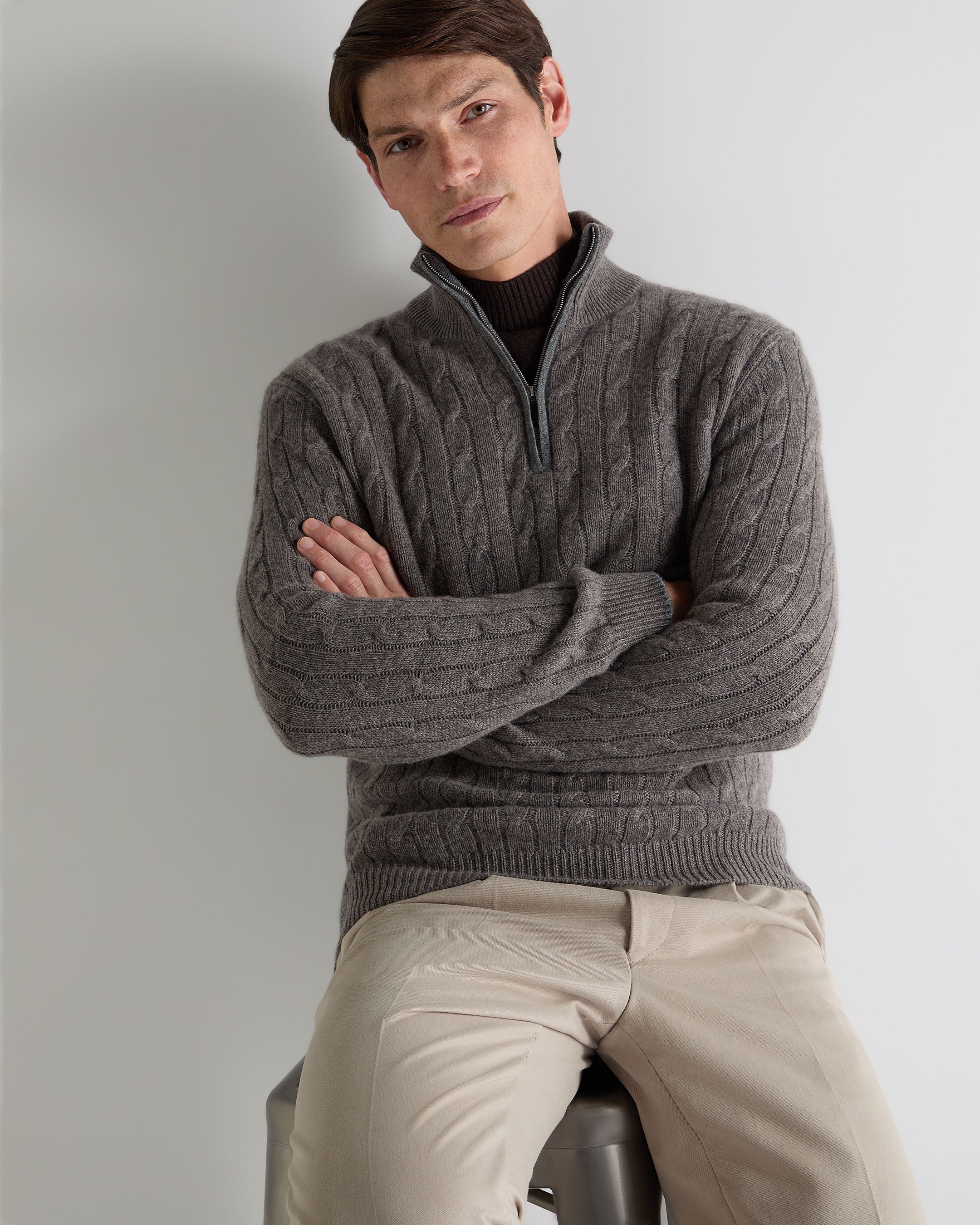 Men's Albemarle Cable Half Zip Cashmere Jumper Wood Smoke Brown