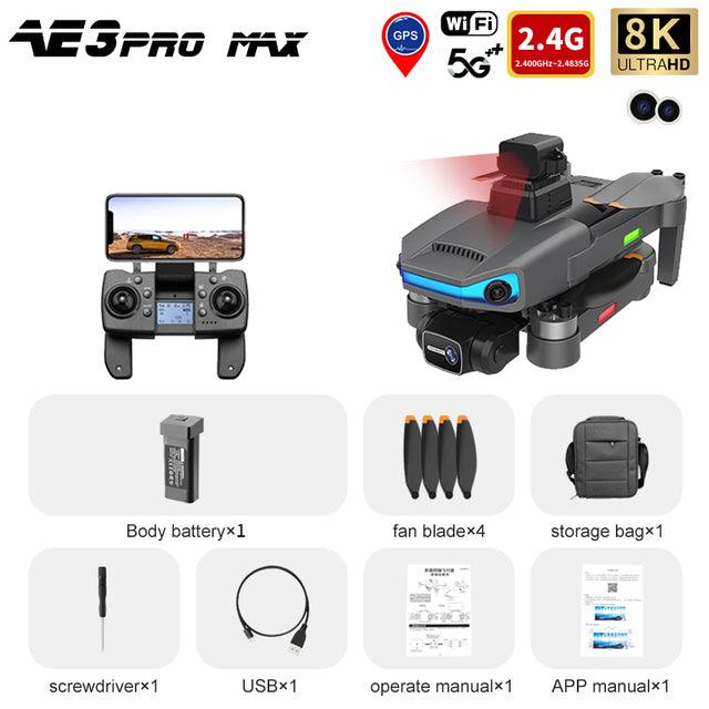 AE3 Pro Max Drone - 8K HD Dual Camera 6Axis EIS Gimbal 5G Wifi GPS FPV Folding RC Drones Quadcopter Professional Camera Drone