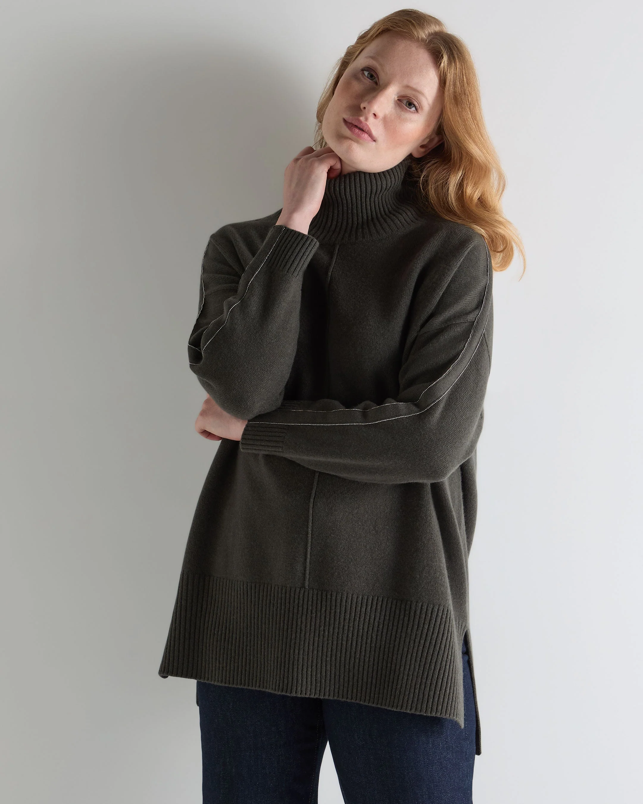 Women's Mock Neck Long Cashmere Sweater Arabica Khaki Green